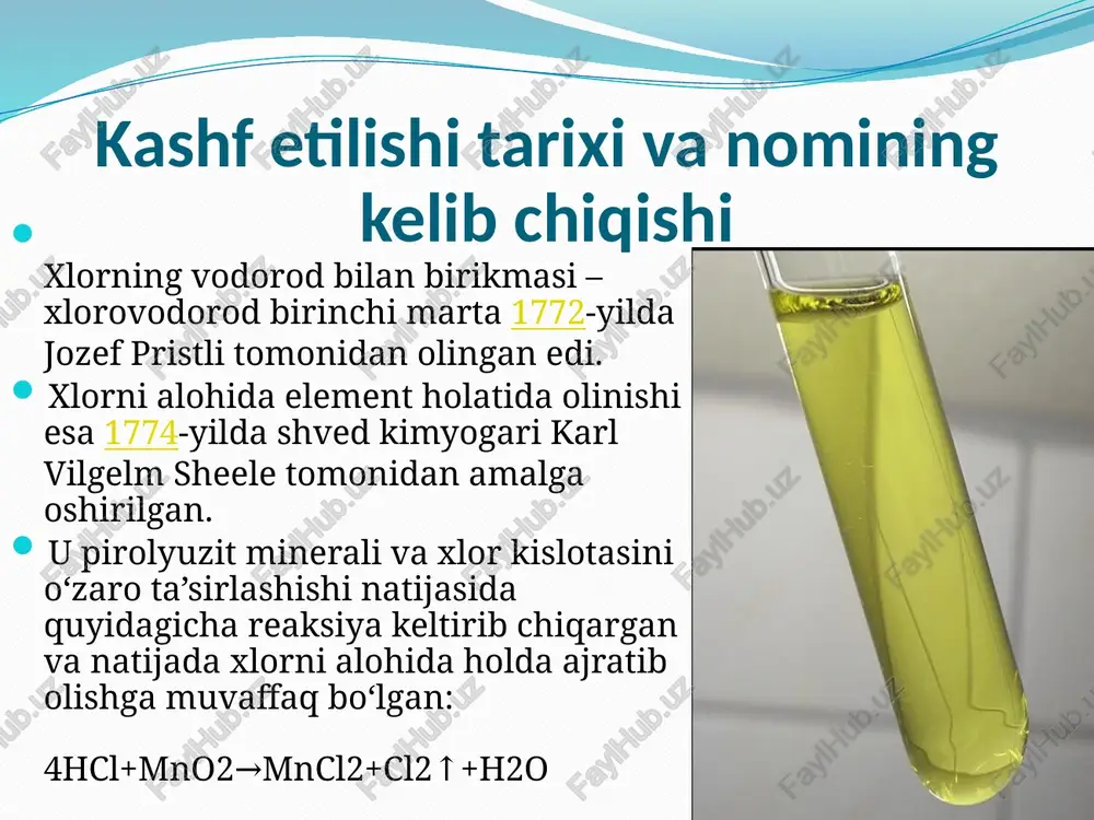 valdagi deyarli barcha elementlar bilan birikma hosil qiladi. xlor erkin holatda barqaror turmaydi va darhol biror element bilan birikib oladi. shu sababli ham, tabiatda tarqalgan xlorning barchasi faqat birikma ko‘rinishida va asosan, minerallar tarkibida uchraydi. galit (nacl), silvin (kcl), silvinit (kcl∙nacl), bishofit (mgcl2∙6h2o), karnallit (kcl·mgcl2·6n2o) va kainit (kcl·mgso4·3n2o) minerallari xlorga eng boy sanaladi. eng boy xlor zaxiralari esa dengiz va okeanlar suvlarida bo‘lib, dengiz suvida xlor miqdori 19 g/l atrofida bo‘ladi. yer qobig‘idagi atomlar sonining taxminan 0,025% qismi xlor ulushiga to‘g‘ri keladi. xlorning klark soni 0,017% ga teng. odam organizmida xlorning massa ulushi taxminan 0,25% ga yaqin bo‘ladi. odam va hayvonlar tanasida xlor asosan hujayralararo suyuqliklarda, shu jumladan, qonda mavjud bo‘ladi va osmotik jarayonlarni boshqarishda muhim o‘rin tutadi. metall bilan o’zaro ta’siri xlor to’g’ridan-to’g’ri deyarli barcha metallarga ta’sir qiladi (ba’zilari namlik mavjud bo’lganda yoki qizdirilganda reaksiyaga kirishadi): 2na + cl2 → 2nacl 2sb + 3cl2 → 2sbcl3 2fe + 3cl2 …