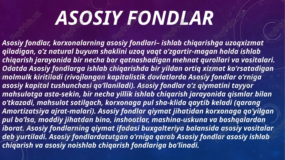 ardan foydalanish bilan bog'liq. ko'rsatkichlarning bu guruhi tarkibiga quyidagilar kiradi: asosiy ishlab chiqarish fondlari (mashina va asbob-uskunalar)dan ekstensiv foydalanish koeffitsienti, ulardan vaqt bo'yicha foydalanganlik darajasini aks ettiradi; asosiy ishlab chiqarish fondlari(mashina va asbob-uskunalar)dan intensiv foydalanish koeffitsienti, ulardan quvvat bo'yicha foydalanganlik (unumdorlik) darajasini aks ettiradi; asosiy ishlab chiqarish fondlaridan integral foydalanish koeffitsienti, barcha ekstensiv va intensiv omillardan birgalikda foydalanishni hisobga oladi. ko'rsatilgan ko'rsatkichlarning har biri amaliyotda mustaqil ma'noga ega bo'lib, turli maqsadlarga erishish uchun foydalaniladi. masalan, asosiy ishlab chiqarish fondlaridan vaqt bo'yicha qanday foydalanilganligini (ekstensiv foydalanish) baholash asbob-uskunalarning smenalik koeffitsienti, uskunalarni koeffitsienti, smena davomida uskunalarning bekor turib qolishi, uskunalardan smenalarda foydalanish koeffitsienti kabi ko'rsatkichlar qo'llaniladi. asbob-uskunalardan ekstensiv foydalanish koeffitsienti mazkur uskunalardan amalda haqiqiy foydalanilgan vaqtning ulardan reja bo'yicha foydalanish muddatiga nisbati orqali aniqlanadi. korxonada asosiy ishlab chiqarish fondlaridan foydalanishni to'liq baholash uchun ekstensiv ko'rsatkichlardan tashqari, ularning quvvat bo'yicha yuklanish tabiatini o'rganish ham muhim ahamiyat kasb etadi. bu erda yuqorida aytib o'tilganidek, …