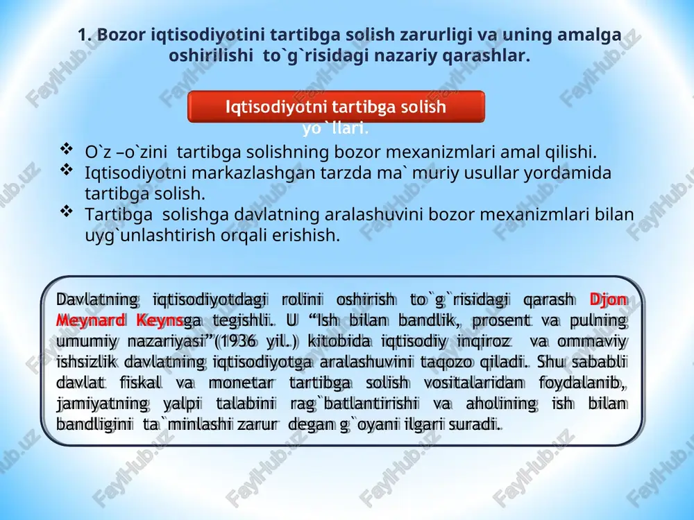tish. 2) tovarlar bozorida raqobatni rivojlantirish. 3) iste`molchilar huquqini va tadbirkorlar manfaatini himoyalash. tarnsfert to`lovlari yordamida (muhtojlar, nogironlar,birovning qaramog`idagilar va ishsizlar nafaqalar bilan ta`minlanadi). ijtimoiy ta`minot dasturlari orqali( qariya va pensionerlarga, jamiyatning kam daromadli yoki daromadga ega bo`lmagan a`zolariga moliyaviy yordam ko`rsatiladi). bozorni tartibga solish, ya`ni talab va taklif ta`sirida o`rnatiladigan narxlarni o`zgartirish yo`li bilan. imtiyozli narxlarni va ish haqining eng kam (minimal) darajasini belgilash hamda o`zgartirish orqali. iste`molchilarning tovar ( va xizmat ) lar aniq turini xarid qilish layoqatini oshirish orqali talabni kengaytiradi va ular foydasiga resurslar qayta taqsimlanadi. davlat ayrim tovarlar taklifini ko`paytirish maqsadida ishlab chiqarishni subsidiyalaydi va shu orqali ularga resurslar oqimini ta`minlaydi. davlat ayrim tovarlar va ijtimoiy ne`matlarni ishlab chiqaruvchisi sifatida chiqib, budjet mablag`lari hisobiga resurslarni xususiy sohada qo`llashdan bo`shatadi. iqtisodiyotda to`liq bandlikni ta`minlash( davlat investitsiyalarini ko`paytirish, xususiy sektor sarflarini rag`batlantirish orqali) . soliqlarni kamaytirish yoki soliq stavkalarini pasaytirish. dotasiya va subsidiyalar berish. transfert to`lovlarini kamaytirish. …