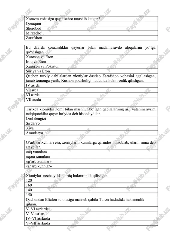 gacha cho‘zilgan keng o‘lka turk xoqonligining hududlari bo‘lgan. sirdaryo va orol dengizi bo‘ylarigacha hirot va suriya suriya va iroq amudaryo va sirdaryo qachonga kelib g‘arbiy xoqonlik taraqqiy etadi. vii asrning birinchi choragiga vi asrning o‘rtalarida vii asrning boshlarida vi asrning 80-yillari oxirlari xoqon kimning hukmronlik qilgan davrda boshqaruv tartiblari isloh qilinadi. tonyabg’u ashrozga umar ibn abdulazizga tunyuquq viloyat hokimlarini xoqonlik ma’muriyati bilan bevosita bog‘lash va ularning ustidan nazoratni kuchaytirish maqsadida mahalliy hukmdorlarga xoqonlikning qanday unvoni beriladi. yabg’u shod» tuman jabg’u shahar aholisi hunarmandchilik va savdo-sotiq bilan mashg‘ul bo‘lgan. kulolchilik, to‘qimachilik, sarrojlik, misgarlik, chilangarlik, temirchilik va zargarlik taraqqiy etgan. hunarmandlar yasagan zeb-ziynatlar va qurol-yarog‘lar xilma-xilligi va nihoyatda puxtaligi bilan ajralib turgan. yuqoridagi ta’rif qaysi davlatga tegishli. g’arbiy turk xoqonligi g’aznaviy eftallar somoniylar v-vii asrlarda nechta mustaqil xokimliklar bor edi.? 15 dan ortiq 13 dan ortiq 11 dan ortiq 20 ga yaqin toxariston aholisining asosiy qismi nima bilan shug’ullangan? dehqonchilik hunarmandchilik. chorvachilik …