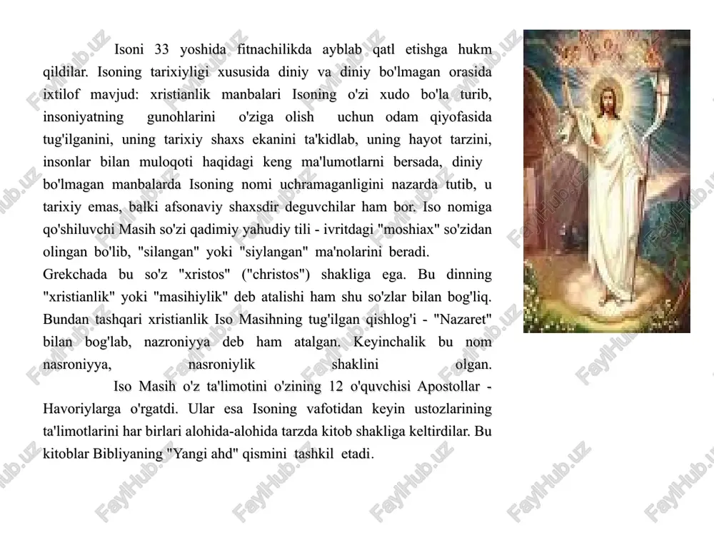 atlarining ishlab chiqilishi, diniy tabaqalar tuzumining vujudga kelishi eramizning iv asr boshlarida 324 yili xristianlik rim imperiyasida davlat dini deb e'lon qilinganida so'ng amalga oshdi. 325 yili tarixda birinchi marta rim imperatori lisiniya imperiya hududidagi xristian jamoalarini o'zaro kelishtirish va tartibga solish maqsadida nikey shahrida i butun olam xristian soborini chaqirdi. 381 yili konstantinopolda ii butun olam xristian sobori bo'lib utdi. bu soborlarda xristianlik ta'limotining asoslari qabul qilindi va bu asoslar 12 qismda ifodalandi. -birinchi qismda olamni yaratgan xudo haqida so'z yuritiladi. -ikkinchi qismda xudoning o'g'li isus xristosga imon keltirish haqida so'z boradi. -uchinchi qismda ilohiy mujassamlashuv haqida so'z yuritilib, unga ko'ra, iso xudo bo'la turib, bokira bibi maryamdan tug'ilgan va inson qiyofasiga kirgan. -to'rtinchi qismda isoning azob-uqubatlari va o'limi haqida so'z ketadi. bu gunohlarning kechirilishi haqidagi aqidadir. bunda isoning tortgan azoblari va o'limi tufayli xudo tomonidan insoniyatning barcha gunohlari kechiriladi deb e'tiqod qilinadi. -beshinchi qismda isoning xochga mixlanganidan so'ng …