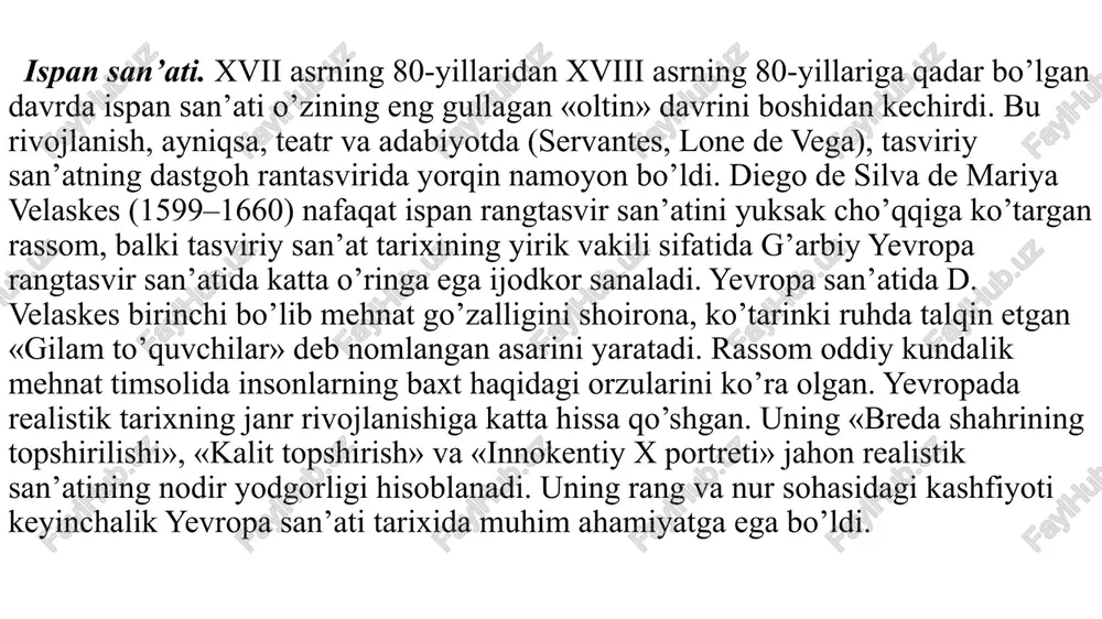 belbog’i o’rtasidan keng ko’ylakning gafre, burmali pirpiraklari ko’zga tashlanib turgan. rengrav-ishton – ikki qavatli yubka ishtondir. bunda shalvar – keng ishton ustidan kiyilgan taxlama (skladka)li yubkadir. sharvarning belbog’i, yon choklari tesma, bant, pirpirak, to’r singari bezaklar bilan bezaklangan. asr oxiriga kelib yangi saroy kiyimi – jyustokor paydo bo’ldi. jyustokor bel chizig’idan sharf-belbog’dan pastga qarab kengaytirilgan, mayda tugmachalar va petlyalar bilan qadaladigan tor, tizzagacha bo’lgan uzunlikdagi kiyim turidir. yenglarining yuqori qismi tor bo’lib, u pastga qarab kengaytirilgan va keng qaytarma manjetga ega. ranglar yechimi yorqin va jilvador, oltin va kumush bilan kashtalangan. jyustokor yoqasiz bo’lib, uning o’rnini oq matodan uchlariga to’r o’rnatilgan galsto’q egallagan. erkaklar libosini oq, havorang, qizil rangdagi, gul yoki naqsh bilan kashtalangan shoyi yoki junli paypoqlar to’ldirgan. poyabzallar qatoriga qaytarmali etiklar, shuningdek, bantli, to’qimli, rozetkali, to’rtburchak uchli va tasmali yarim yopiq tuflilar kirgan. bu davrda, shuningdek, erkaklarning qizil rangdagi baland poshnali oyoq kiyimlari ham paydo bo’lgan. bosh kiyimlar …