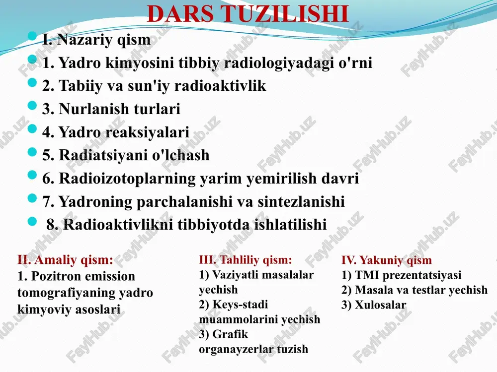 olsizlik va oq qon tanachalarining soni kamayishi kuzatiladi. tanadagi nurlanish 300 berdan oshib ketsa leykotsitlar miqdori nolga tushib ketishi ham mumkin. bunda odam ich ketishi, soch to'kilishi va infeksiyadan aziyat chekadi. nurlanishning 500 ber darajasi shu miqdorda nurlangan odamlarning 50% ida o'limga olib kelishi mumkin. tananing 600 ber dan yuqori darajada nurlanishi barcha odamlar uchun halokatli bo'lishi mumkin. radioaktivlikni tibbiyotda ishlatilishi organizmda biron bir a'zo holatini aniqlash uchun radiolog shu a'zoda to'planib qoladigan radioizotoplarni ishlatadi. organizm hujayralari radioaktiv izotopni radioktiv bo'lmaganidan ajratib o'tirmaydi, shuning uchun organizmga yuborilgan izotoplar oson qo'shilib ketadi. radioaktiv atomlar nur tarqatib turganligi uchun, ularni topib olish oson bo'ladi. rakni davolash uchun radioaktiv izotop bilan to’ldirilgan urug’lar organizmga implant qilinadi . radioizotoplar yordamida skanerlash (a) skaner a'zolarda to'plangan radioizotop chiqarayotgan nurni aniqlash uchun ishlatiladi. (b) skanerlangan qalqonsimon bez tasvirida iod-131 to'planganligi ko'rinadi. kt kompyuterli tomografiya kt bosh miyadagi o’smani (sariq rangda) ko’rsatadi. mrt mrt (magnit-rezonansli tomografiya) – …