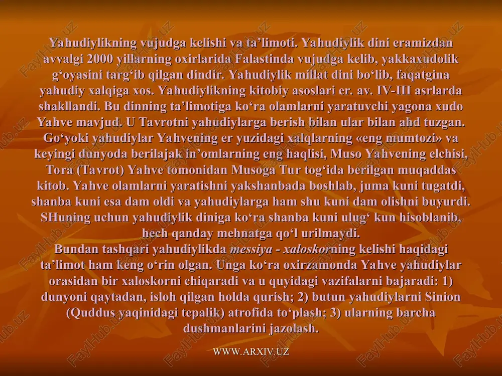 yalik yahudiy jurnalist t. hertslning (theoder herzl; 1860-1904) nemis tilidagi «yahudiylar davlati» (der judenstaat) risolasi asosida xix asr oxirlarida tuzilgan. sionizm ilk davrda ravvinlar tomonidan qo’llab quvvatlangan. www.arxiv.uz www.arxiv.uz yahudiylik manbalari. talmud (qad. yahud. tilida lameyd - o‘rganish) miloddan avvalgi iv asrlarda vujudga kelgan va yozma toradan farqli o‘laroq, avloddan-avlodga og‘zaki ravishda o‘tib borgan. shuning uchun torani yozma qonun, talmudni esa og‘zaki qonun deb yuritilgan. talmud mishna va gemara kitoblari majmuasi bo‘lib, mishna ravvinlar tomonidan tavrotga yozilgan sharhlar, gemara esa mishnaga yozilgan sharhlardan iborat. talmudning falastin (o‘rshalim) va vavilon (bavliy) nusxalari mavjud. o‘rshalim talmudi eramizning iii asrlarida bavliy talmudi eramizning v asrida tahrir qilingan. unda ilgari yahudiylar uchun noma’lum bo‘lgan o‘ziga xos esxatologik (ya’ni oxirat, qiyomat, marhumlarning tirilishi, u dunyodagi ajr va jazo) tasavvurlar o‘z aksini topgan. talmudda yahudiylikning marosimlari, urf-odatlari aniq bayon etilgan bo‘lib, ular 248 ta vasiyat va 365 ta taqiqni o‘z ichiga oladi. shuningdek, unda qadimiy yahudiylar …