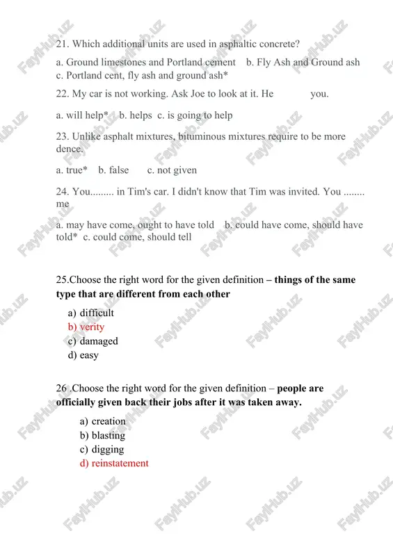 word – work 1. employment 1. movement 1. rehabilitation 1. digging 31. choose the right synonym to the word - reconstruction 1. vegetation 1. rehabilitation 1. digging 1. blasting 32. choose the right synonym to the word - an explosion 1. digging 1. obstacle 1. fence blasting 33. choose the right synonym to the word- barrier 1. fence 1. creature 1. movement 1. obstacle 34. choose the right synonym to the word - demand 1. requirement 1. vegetation 1. embankment 1. guidelines 35.choose the right word for the given definition – the repairs that are necessary to keep smth in good condition 1. highway 1. crossing 1. verge 1. maintenance 36.choose the right word for the given definition – a place where you can cross a road, railway, river etc 1. bridleway 1. highway 1. crossing 1. junctions 37..choose the right word for the given definition- the way you use …