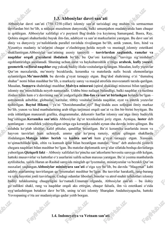 nigoh va fon sifatida oltin nur bilan yaratilgan. masalan, mashhur “pantokrator” tasviri – iso masihning hukmron va donishmand shaxs sifatidagi ikonasidir. qiziqarli tomoni – ko‘plab ikonalar oldida mo‘’jizaviy voqealar yuz bergan deb ishonilgan, ular ziyoratgohga aylangan. mozaika san’ati bu davrda chinakam yuksaklikka yetdi. tabiiy tosh, marmar, oltin va shisha bo‘lakchalardan ishlangan mozaikalar vizantiya cherkovlarining ichki devorlarida, gumbazlarida nur taratuvchi ilohiy manzara sifatida aks etgan. masalan, istanbuldagi aya sofiya cherkovida 9-asr oxiri va 10-asr boshlarida tiklangan mozaikalar, ayniqsa iso masih va maryam onaning tasviri vizantiya mozaika san’atining durdona namunalaridir. oltin fonda chizilgan bu mozaikalar gumbaz ichidan quyosh nuri singari yaltirab turishi bilan mashhur bo‘lgan. me’morchilikda esa vizantiya uslubi o‘zining gumbazli, xochsimon reja asosida qurilgan cherkov binolari, ichki makonning mukammal uyg‘unligi, ustunlar, ravoq va bezaklar bilan ajralib turadi. hosios loukas (gretsiya), dafni monastiri va nea moni kabi cherkovlar ix–xi asrlardagi me’moriy yodgorliklarning yorqin namunasidir. bu binolarda gumbazli markaziy tuzilma va turli tomondan …