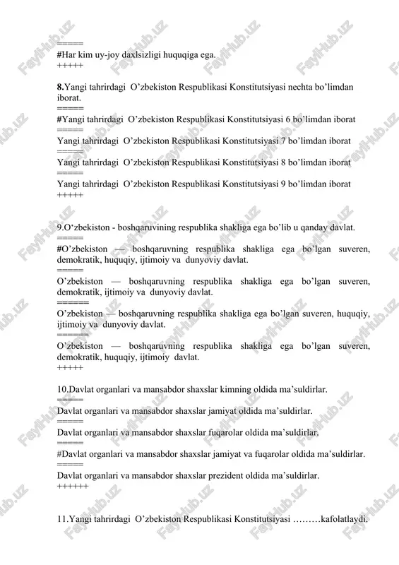 mansabdor shaxslar jamiyat oldida ma’suldirlar. ===== davlat organlari va mansabdor shaxslar fuqarolar oldida ma’suldirlar. ===== #davlat organlari va mansabdor shaxslar jamiyat va fuqarolar oldida ma’suldirlar. ===== davlat organlari va mansabdor shaxslar prezident oldida ma’suldirlar. ++++++ 11.yangi tahrirdagi o’zbekiston respublikasi konstitutsiyasi ………kafolatlaydi. ===== yangi tahrirdagi o’zbekiston respublikasi konstitutsiyasi insonlarning huquq va erkinliklarini kafolatlaydi. ===== yangi tahrirdagi o’zbekiston respublikasi konstitutsiyasi fuqarolarning huquq va erkinliklarini kafolatlaydi. ===== yangi tahrirdagi o’zbekiston respublikasi konstitutsiyasi jamiyatning huquq va erkinliklarini kafolatlaydi. ==== #yangi tahrirdagi o’zbekiston respublikasi konstitutsiyasi inson va fuqarolarning huquq va erkinliklarini kafolatlaydi. +++++ 12.davlatning oliy maqsadi nimaga qaratilgan. ===== #davlat inson hamda fuqaroning konstitutsiya va qonunlarda mustahkamlangan huquqlari va erkinliklarini ta'minlashga ===== davlat fuqarolarning konstitutsiya va qonunlarda mustahkamlangan huquqlari va erkinliklarini ta'minlashga ===== davlat insonlarning konstitutsiya va qonunlarda mustahkamlangan huquqlari va erkinliklarini ta'minlashga ===== davlat jamiyatning konstitutsiya va qonunlarda mustahkamlangan huquqlari va erkinliklarini ta'minlashga +++++ 13.har kimga o‘z huquq va erkinliklarini qaysi organ orqali himoya …