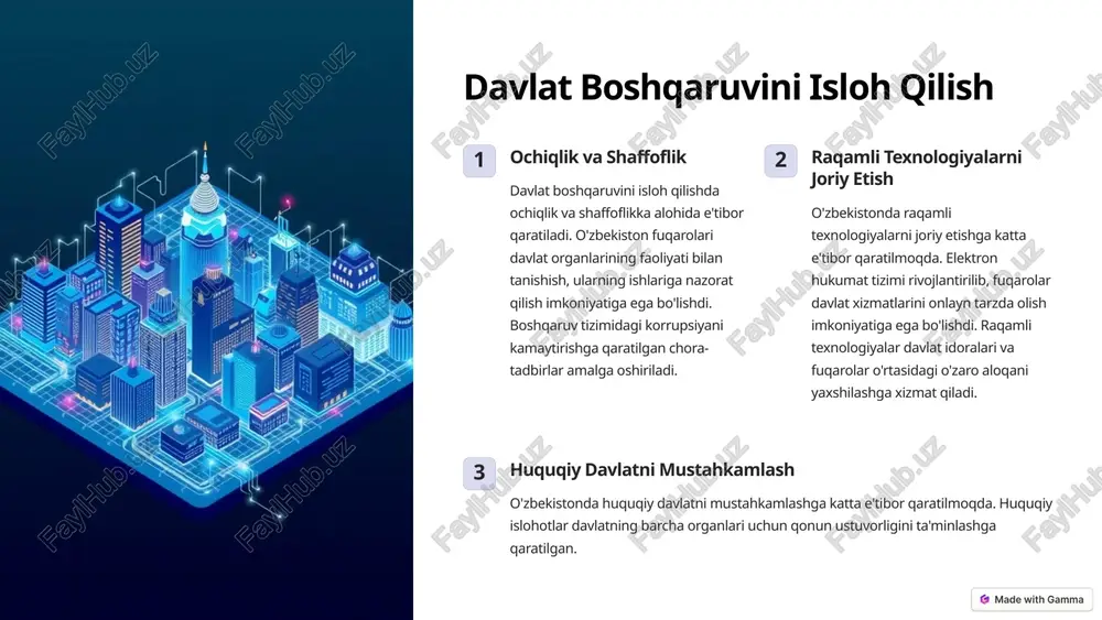 ilan iqtisodiy, siyosiy, madaniy sohalarda hamkorlikni kuchaytirishga qaratilgan dasturlar ishlab chiqildi. o'zbekistonda xorijiy investitsiyalarni jalb qilish ko'paymoqda. geosiyosiy mavqe o'zbekistonning geosiyosiy mavqei tobora mustahkamlanmoqda. markaziy osiyo mintaqasida muhim o'rin egallagan o'zbekiston mintaqaviy hamkorlikni mustahkamlashga qaratilgan siyosat yuritadi. o'zbekistonning mintaqaviy hamkorlikda o'rni o'sib bormoqda. 6 yurtimizni yangilash 1 ta'lim 2 sog'liqni saqlash 3 ijtimoiy himoya 4 iqtisodiyot 5 madaniyat yangi o'zbekistonni barpo etishda ta'lim, sog'liqni saqlash, ijtimoiy himoya, iqtisodiyot va madaniyatning birgalikda rivojlanishi muhim rol o'ynaydi. bu sohalardagi islohotlar yurtimizni yangilashga xizmat qiladi. yoshlarni vatanparvarlik ruhida tarbiyalash, ularning bilim va malakalarini oshirishga katta e'tibor qaratilmoqda. 7 kelgusi maqsadlar va istiqbolli loyihalar 1 iqtisodiy o'sish yangi o'zbekistonning iqtisodiy o'sish sur'atini yanada oshirish, aholiga yangi ish o'rinlari yaratish, kamida 200 dollardan ko'proq daromad olishni ta'minlash kabi maqsadlar qo'yilgan. 2 ijtimoiy adolat ijtimoiy adolatni ta'minlash, aholining yashash sharoitini yanada yaxshilash, aholining farovonligini oshirishga qaratilgan islohotlar davom ettiriladi. 3 xalqaro hamkorlik xalqaro hamkorlikni rivojlantirish, o'zbekistonning …