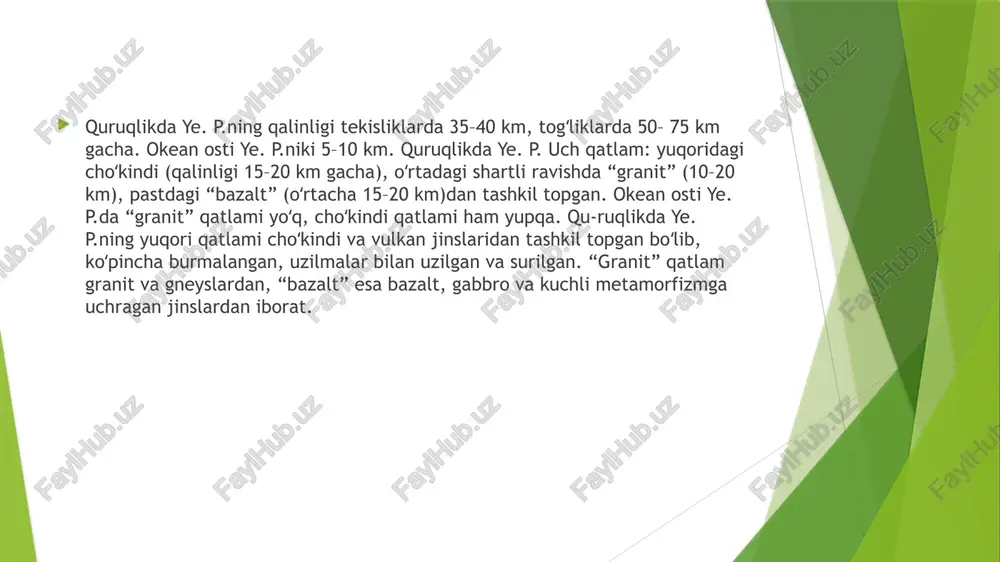 orda uchraydi. 2. mineral tarkibi yer poʻstida uchraydigan asosiy minerallar: silikatlar: dala shpatlari, piroksenlar, amfibollar, slyudalar – yer poʻstining 90% dan ortig‘ini tashkil qiladi. karbonatlar: kaltsit (caco₃), dolomit (camg(co₃)₂). oksidlar va gidroksidlar: gematit (fe₂o₃), magnetit (fe₃o₄), boksit (al₂o₃·nh₂o). sulfatlar va boshqa minerallar kamroq uchraydi. kislotalilik va asosiylik yer poʻstining kimyoviy xususiyatlari qisman togʻ jinslariga bogʻliq: kontinental qobiq – ko‘proq kislota xususiyatiga ega (granit, gneys, kvartsli jinslar). okean qobig‘i – ko‘proq asosiy va bazaltli jinslardan iborat. 4. kimyoviy jarayonlar yer poʻstida quyidagi kimyoviy jarayonlar doimiy sodir bo‘ladi: vayron bo‘lish (denudatsiya) – tog‘ jinslarining fizik va kimyoviy parchalanishi. metamorfizm – yuqori bosim va harorat ta’sirida mineral va jinslarning o‘zgarishi. magmatik jarayonlar – magmaning sovishi va kristallanishi. kimyoviy eroziya va cho‘kindi hosil bo‘lish – suv, havo va biologik faoliyat ta’siri. 5. geokimyoviy xususiyatlar yer poʻstining tarkibi oksidlovchi muhitga moyil kislorod va kremniy asosiy rollarni o‘ynaydi. yengil elementlar kontinental qobiqda ko‘proq, og‘ir elementlar (temir, …