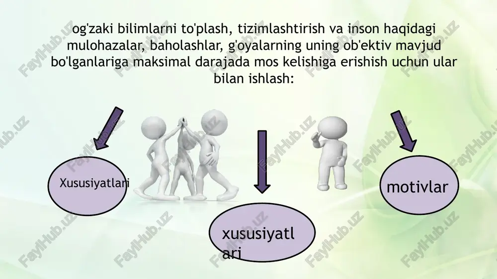 tti-harakatlarini "hisobga olish" qobiliyati mavzu sherikning pozitsiyasini egallaydi va unga asoslanib harakat qiladi empatiya identifikatsiya qilish shart emas; boshqa shaxs tushuniladi va qabul qilinadi, lekin harakat o'ziga xos tarzda amalga oshirilishi mumkin bir-birini tushunish jarayoni aks ettirish hodisasi bilan murakkablashadi. ijtimoiy-psixologik aks ettirish shaxsning muloqot sherigi tomonidan uni qanday qabul qilishini anglashdan iborat. bu boshqasi meni qanday tushunishini bilish, bir-birining oyna aks etishining o'ziga xos ikki tomonlama jarayoni, “chuqur, izchil o'zaro mulohaza , mazmuni o'zaro sherikning ichki dunyosini qayta ishlab chiqarishdir. image2.jpg image3.jpeg image4.jpeg image5.png image6.png image7.jpg image8.jpeg image9.jpeg image10.jpg image11.jpeg image12.png image13.png image14.jpg image15.jpg image16.jpeg image17.jpg image18.jpeg image19.jpeg image20.jpg image21.jpeg image22.jpeg image23.png image24.jpeg image25.jpg image26.png image27.gif image28.jpeg image29.jpeg image30.jpeg image31.jpeg image1.jpg