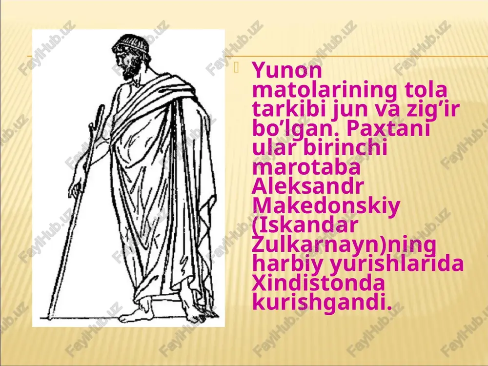 nadi. ba'zan ularni kichik qismlarga ajratish yoki qismnagini ko‘proq tasvirga olish uchun boshqa elementlar qo‘shilgan. 2. himation himation — yunonlarning eng keng tarqalgan tashqi kiyimi bo‘lib, bu uzun va katta mato bo‘lagi edi. odatda himationni ikki yoki undan ko‘p qatlamda kiyishgan. ayollar va erkaklar uni boshqa kiyimlar ustidan kiyganlar, bu kiyim ko‘pincha bir tomonidan ko‘krakka tashlab o‘ralgan. himationning o‘zi juda katta bo‘lib, ko‘pincha shaxsiy va ijtimoiy mavqega qarab turlicha shakllarda kiyilgan. erkaklar himationni ko‘proq oq rangda kiyishgan, ba’zan ular uni faqat bir burchagidan o‘ralgan. ayollar esa himationni ko‘proq bezaklar bilan kiyganlar, ba’zan uning ustiga boshqa chiroyli matolarni ham kiyishgan. 3. stola stola yunon ayollarining asosiy kiyimi bo‘lib, bu chitonning bir turi edi. stola odatda ko‘proq mato qatlamlaridan iborat bo‘lib, ayollarni erkin va qulay tutishga imkon beradi. uni ko‘pincha ikki yoki uch qatlamda kiyishgan, yuqori qatlamlar ko‘proq bezaklar va qo‘shimcha elementlar bilan to‘ldirilgan. ayollar uchun stola ko‘pincha ularning oilaviy maqomi va …