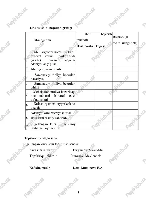 bozorlarining mohiyati 10 1.2 moliya bozorining funktsiyalari 15 ii bob. zamonaviy moliya bozorlari tahlili 21 2.1 zamonaviy bozor iqtisodiyotida moliya bozorining roli 21 2.2 eng yirik global moliyaviy bozorlar 28 iii bob. o’zbekiston moliya bozoridagi muammolarni bartaraf etish yo’nalishlari 33 3.1 zamonaviy moliya bozorini rivojlanish tendensiyasilari 33 3.2 moliyaviy bozor faoliyat ko’rsatish mexanizmining xorij tajribasi 35 xulosa 40 foydalanilgan adabiyotlar ro’yxati 42 kirish mamlakatimizda moliya bozorini rivojlantirish bugungi kunda iqtisodiyotimizdagi muhim vazifalardan biridir. moliya bozori iqtisodiyotni rivojlantirish, yalpi ichki mahsulotni oshirish, kapital jalb qilish, investitsion jozibadorlikni oshirishga xizmat qiladi. shu sababli oʻzbekiston respublikasi prezidenti sh.mirziyoyev tomonidan tasdiqlangan pf-4947-sonli farmonida ham ushbu masalaga alohida toʻxtalib oʻtilgan boʻlib, unda kapitalni jalb qilish hamda korxonalar, moliyaviy institutlar va aholining erkin mablag‘larini joylashtirishning muqobil manbai sifatida moliya bozorini rivojlantirishga qaratilgan o‘zbekiston respublikasi moliya bozorini o‘rta muddatli va uzoq muddatli istiqbolda rivojlantirish konsepsiyasini ishlab chiqish belgilab qo’yilgan[footnoteref:1]. moliya bozorlarini tartibga solish axborot assimetriyasining oldini oladi, …