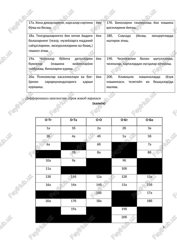 lavishli mashinalarda (yozuv mashinkasi, teletayp va boshqalar)da ishlash. differentsial-diagnostik so'rov javob varaqasi (kaliti) o-tt o-ta o-o o-bt o-bo 1a 1b 2a 2b 3a 3b 4a 4b 5a 5b 6a 6b 7a 7b 8a 8b 10a 9a 9b 11a 10b 13b 11b 12a 12b 13a 16a 14a 14b 15a 15b 16b 17a 20a 17b 18a 18b 19a 19b 20b differentsial-diagnostik so'rov natijalarini qayta ishlash dds savollari shunday tartibda guruhlanganki, ularga berilgan javoblar faoliyatning turli sohalarini farqlash imkonini beradi. bu o'rinda kasb turlari shartli ravishda quyidagicha qisqartirib olindi: i-ustunda – «odam-tabiat»-o-tt; ii-ustunda-«odam-texnika»-o-ta; iii-ustunda-«odam-odam»-o-o; iv-ustunda «odam-belgilar tizimi»-o-bt; v-ustunda «odam-badiiy obraz»-o-bo. biror-bir ustun bo'yicha belgilangan javoblar sonining ko'p bo'lishi sinaluvchining shu toifa kasblarga moyilligini bildiradi. agar hamma ustunlar bo'yicha javoblar miqdori bir xil bo'lib chiqsa, bu qiziqishlar yoyilib ketganligini, u yoki bu kasbga nisbatan qiziqishning shakllanmaganligini yoki yorqin ifodalangan ustunlikning yo'qligini bildiradi. bunday hollarda tadqiqotdan so'ng sinaluvchi bilan bafurja suhbatlashish, unga qiziqishlarini aniqlab olishga …