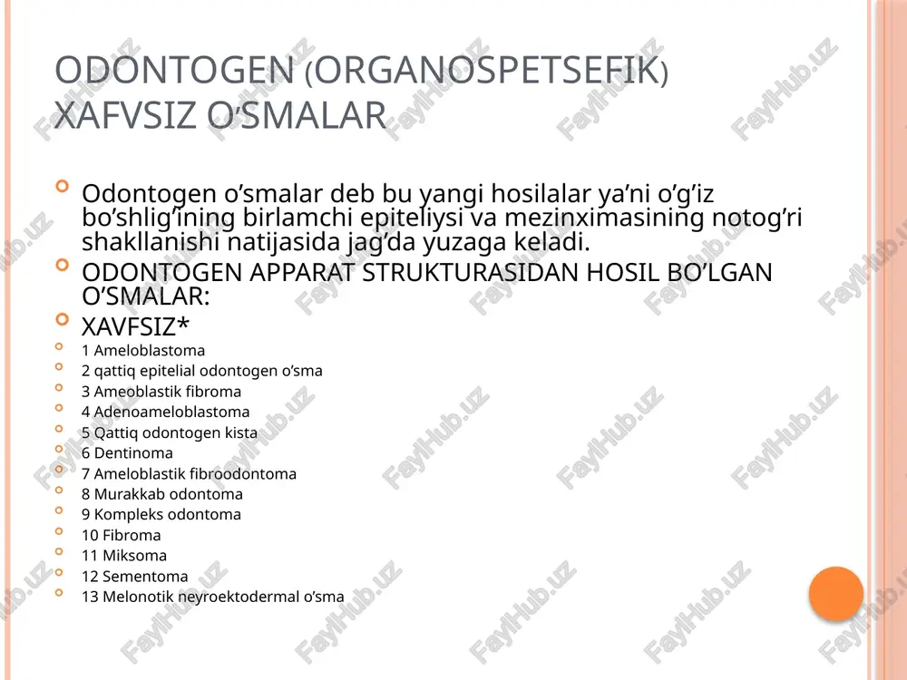ulasiga ega bo’lmaganligi uchun suyakni yemirib yumshoq to’qimalarga o’sib ketadi. shilliq moddani to’planib borishi hisobiga o’sma to’qimasi tez o’sishi kuzatiladi. miksoma yosh va o’rta yoshdagi kishilarda uchraydi. tez tez retsediv beradi. o’sma joylashgan sohada jag’ suyaglarining og’riqsiz bo’rtishi kuzatiladi. shu soxadagi tishlarni qimirlashi va o’z o’rnidan siljishi aniqlanadi. tish ildizlari so’rilib ketadi. teri va shilliq qavatlarda o’zgarishlar kuzatilmaydi. rentgen suratda suyak to’siqlari bilan bir-biridan ajralgan kichkina katakchali destruksiya aniqlanadi. bu hosil bo’lgan kichkina katakchalar sovun ko’pigi eslatadi. radikulyar kistalar radikulyar kistalar tish ildizining uchida yallig’lanish jarayonlari kuzatilganda rivojlanadi. dastlab ildiz uchiga granulyomasi hosil bo’ladi. granulyomaning ichidagi periodontal boylam epiteliy qoldiqlari yalliglanish jarayoni hisobiga o’sib kistogranulyomalarni hosil qiladi. kistagranulyomlar keyinchalik kistalarni hosil qiladi. klinik ko’rilganda kistalar ko’proq yemirilgan yoki davolangan bazan esa sog’lom lekin oldin jarohat olgan tishlarda uchraydi. radikulyar kistalar bir necha oylar yoki yillar davomida sekin o’sib bemorlarga dastlab noqulaylik tug’durmaydi. ko’pincha og’iz dahlizi tarafga o’sib jag’ kortikal plastinkasini …