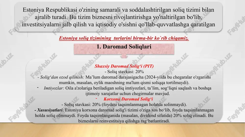 kada olinadi. bu yuksak daromadga ega shaxslarga va past daromadga ega shaxslarga bir xil nisbiy soliq yukini ta’minlaydi. 5. investitsiyalar uchun qulaylik: chet el investorlariga estoniya soliq tizimi jozibali ko'rinadi, chunki soliqlarni to'lashda oddiy qoidalar va raqamli xizmatlar ularni jalb qilishda muhim rol o'ynaydi. 6. soliqdan qochish imkoniyatlarini kamaytirish: soliq tizimi shaffof bo‘lgani uchun soliq to‘lashdan qochish imkoniyatlari minimal darajada, bu esa iqtisodiy barqarorlikni ta’minlashga yordam beradi. estoniya soliq tizimi ko'plab afzalliklariga qaramay, ba'zi kamchiliklarga ham ega. quyida ushbu kamchiliklarning ba'zilari keltirilgan: 1. oddiy daromad solig‘i stavkasi: estoniyada shaxsiy daromad solig'i 20% bo‘lib, barcha fuqarolar uchun bir xil. bu progressiv soliq tizimining yo‘qligi sababli, past daromadli qatlamlar uchun nisbatan yuqoriroq soliq yukini keltirib chiqarishi mumkin. 2. kichik biznes uchun bosim: garchi daromad taqsimlanmagunga qadar korporativ soliq olinmasa ham, estoniyaning umumiy soliq yuklari kichik biznes uchun og'ir bo‘lishi mumkin. ayniqsa, agar ular tez daromad taqsimlash yoki foyda olish istagida bo‘lsa, bu …