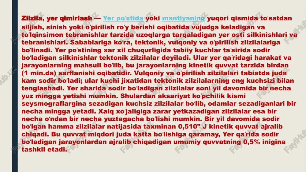 lar kuchli shikastlanadi, togʻlarda surilmalar yuz beradi. gʻisht, betondan ishlangan uylar butunlay yoki qisman buziladi, yer osti quvurlari uziladi. qoyalar qulab, tepaliklar suriladi, yerdagi yoriqlarning eni 10 sm gacha boradi. yer yuzida katta (eni 1 m gacha) yoriqlar paydo boʻladi. toʻgʻon va qirgʻoq dambalari ishdan chiqadi, temir yoʻllar bukiladi. yangi koʻllar paydo boʻladi. yer yuzida keng va chuqur jarliklar hosil boʻladi, yer vertikal va gorizontal yoʻnalishda silkinadi. togʻlarda qoyalar agʻdariladi, koʻprik, toʻgʻon, temir yoʻllari butunlay buziladi. yer qiyofasi, relyefi oʻzgaradi. yer yuzi burmalanadi, baland qoyalar agʻdariladi, daryolar oʻzanini oʻzgartiradi. koʻndalang toʻlqin esa oʻrtacha 5 km/s tezlikda, yuza toʻlqinlar esa eng sekin tezlikda tarqaladi. qayd qilingan toʻlqinlarning yozuviga qarab zilzila epitsentridan stansiyagacha boʻlgan masofani aniqlash imkonini beradi. shu maqsadda koʻndalang va boʻylama toʻlqinlar orasidagi vaqtning epitsentr uzoqligiga bogʻliqligi har xil hudud uchun oʻrganiladi. bu bogʻliqlik chizma koʻrinishida boʻlib, u godograf deb yuritiladi va zilzila maʼlumotlarini ishlash va oʻrganishda muhim ahamiyatga ega …