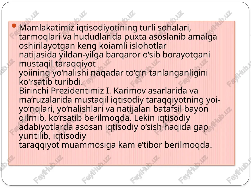 va aholi jon boshiga real yalmning o‘sishi) miqdoriy ko‘rsatkichlar boiib, ular birinchidan, mahsulot sifatining oshishini toiiq hisobga olmaydi va shu sababli farovonlikning haqiqiy o‘sishini toiiq tavsiflab berolmaydi; ikkinchidan, real yalm va aholi jon boshiga yalmning o‘sishi bo‘sh vaqtning sezilarli ko‘payishini aks ettirmaydi va farovonlik real darajasining pasaytirib ko‘rsatilishiga olib keladi; uchinchidan, iqtisodiy o‘sishni miqdoriy hisoblash boshqa tomondan uning atrof-muhitga va inson hayotiga salbiy ta’sirini hisobga olmaydi. mamlakatimizda olib borilayotgan keng qamrovli iqtisodiy islohotlar natijasida 1996-yildan boshlab oldingi yilga nisbatan, 2001- yildan boshlab esa 1991-yildagi darajaga nisbatan yalm hajmining barqaror ravishda o‘sishiga erishildi. mamlakatimiz yalmning iqtisodiy o‘sish darajasi yildan-yilga yaxshilanib bormoqda. jahon moliyaviy-iqtisodiy inqirozi ta’sirida yuzaga kelgan muammo va qiyinchiliklarga qaramay, 2009-yilda yalpi ichki mahsulotning o‘sish sur’ati 8,1 foizni tashkil etgan bo‘lsa, 2015-yilda esa bu ko‘rsatkich 8 foi/.ni tashkil etdi iqtisodiy o‘sishning ahamiyati to‘g‘risida gapirilganda uning darajasini ham e’tiborda tutish lozim. iqtisodiy o‘sish sur’atlarining ahamiyatlilik darajasi turli mamlakatlar real yalmning hajmidan …