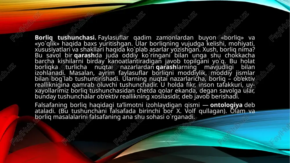 gan va mavjud bo`ladigan olamlarni, moddiylik va ma’naviylikni, utmish va kelajakni, o`limni va hayotni, rux va jismni qamrab oluvchi umumiy tushunchadir. borliq va mavjudlik. atrofimizdagi odam, olam, tabiat, jamiyat, tafakkur, g`oyalar, uy-xayollarimiz barchasi birday mavjuddir, ular turli tarzda va shakllarda namoyon bo`lib, hammasi mavjudlik belgisi ostida umumlashib, borliq tushunchasiga kiradi. materialistik mazmundagi borliq tushunchasi ta’rifiga faqat ob’ektiv real olam, ongdan tashqaridagi, unga bog`liq bo`lmagan jismoniy mohiyatga ega bo`lgan narsalargina kiritiladi. borliqning ideal, virtual, potensial, abstrakt, ma’naviy shakllari bu ta’rifdan tashqarida qoladi. aslida esa, borliq kategoriyasi umumiy abstraksiya bo`lib, mavjudlik belgisi bilan barcha narsa va hodisalarni o`ziga qamrab oluvchi uta keng tushunchadir. u o`ziga nafaqat ob’ektiv reallikni, balki sub’ektiv reallikni ham qamrab oladi. borliq mavjudlik va reallik tushunchalariga qaraganda ham kengrok tushunchadir. mavjudlik — borliqning hozirgi paytda namoyon bo`lib to`rgan qismi bo`lib, o`tgan va mavjud bo`ladigan narsa va hodisalar ham borliq tushunchasiga kiradi. reallik esa, mavjudlikning hammaga ayon bo`lgan, ular tomonidan …
