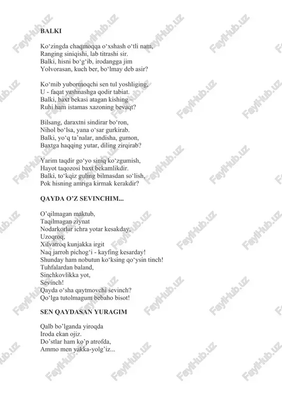 h. nahot shuncha mas’um, shuncha pok sevishmoqda alam bor shuncha? bardosh bermas iroda, idrok, tamoman lol aql, tushuncha. tog’day bor deb bilgan yuragim qush boshicha qolmadi chog’i? g’amni yengarman deganim sarim yana ortar alami, dog’i. erib ketmagandim sevgingdan, bo’lmaslik-chun baxtingdan judo, birga qolish uchun sen bilan kuyaman-u, bo’lmayman ado. bahor keldi seni so’roqlab salqin saharlarda, bodom gulida, binafsha labida, yerlarda bahor. qushlarning parvozi, yellarning nozi, baxmal vodiylarda, qirlarda bahor. qancha sevar eding, bag’rim, bahorni, o’rik gullarining eding maftuni. har uyg’ongan kurtak, hayot bergan kabi ko’zlaringga surtib o’parding uni. mana qimmatligim, yana bahor kelib, seni izlab yurdi, kezdi sarsari. qishning yoqasidan tutib so’radi seni, ul ham yosh to’kdi-yu, chekildi nari. seni izlar ekan, bo’lib shabboda, sen yurgan bog’larni qidirib chiqdi. yozib ko’rsatay deb husn-ko’rkini, yashil qirg’oqlarni qidirib chiqdi. topmay sabri tugab bo’ron bo’ldi-yu, jarliklarga olib ketdi boshini. farhod tog'laridan daraging izlab, soylarga qulatdi tog'ning toshini. so’ngra jilo bo'lib kirdi yotog'imga, hulkar …