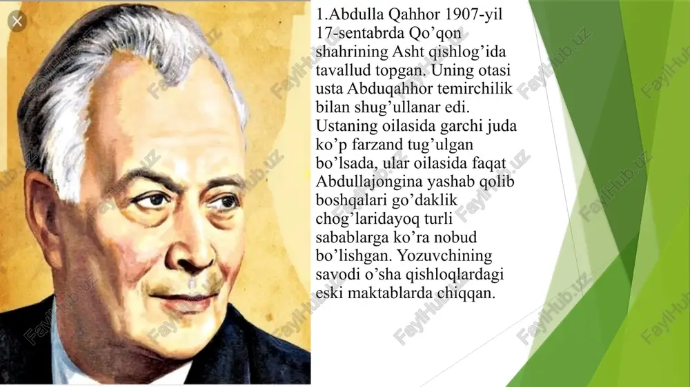 va buning ayanchli oqibatidan kelib chiqib, xulosa chiqarish edi. yozuvchi o’z maqsadi yo’lida jamiyatni bir qancha tipdagi obrazlar orqali barpo etadi. bu qahramonlar usta abduqahhor: adib idealiga yaqin, yangicha fikrga ega shaxs. usta zamonaning boshqa kishilaridan farqli holda yangiliklarni to’g’ri qabul qila oladi, kezi kelganda nohaqliklarni, xatoliklarni tap yortmay ayta oladi. shu xislatlari tufayli zamon uni xushlamaydi. har yoqqa ko’chib yurishga majbur qiladi. yolg’iz otning changi chiqmaganday, endi usta abduqahhor ham boshqalarday bo’lishga, ulardy fikrlashga mahkum etiladi. ustaning onasi bo’lmish kampir qariyalarning tipik vakili sifatida keltirilgan, u bir muhitdaqotib qolgan, o’zgarishlarga ko’nikolmaydi va boshqalarni ham shunga majburlaydi. valihon so’fi davrning “ilmli” shaxslaridan bo’lib, odamlarga so’zi o’tguday edi. ko’pchilik orasida obro’yi baland odamlarning “ilm” kishilarning bunday xudbinligi o’quvchida zamona haqidagi tasavvurini yanada kengaytiradi. “o’tmishdan ertaklar” qissasi turli rangdagi go’zal toshlardan terilgan mozaika kabidir. agar mozaikani juda yaqindan turib kuztsak, go’zal toshlarniyu, ularni ulab turgan choklarnigina ko’ra olamiz, xolos. lekin unga uzoqdan …