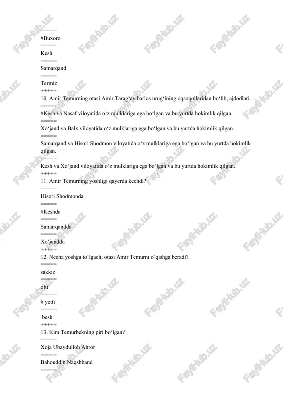 ovyurak bahodir sifatida ===== dehqonchilikni uddalay oladigan shaxs sifatida +++++ 16. ma’lumki, amir temurning atrofiga bolalikdagi do‘stlari va maktabdoshlari to‘planishib, birgalikda mashq qilar, musobaqalarda ishtirok etishar, asta-sekin navkar bo‘lishib, harbiy guruhga birlashib shakllana borishardi. bu guruh orasida kimlar keyinchalik ular amir temurning safdoshlariga aylanib, uning qo‘shinida lashkarboshilik darajasigacha ko‘tarilganlar? ===== amir bayon sulduz, amir hoji barlos, amir boyazid jaloir ===== #abbos bahodir, jahonshohbek, qimori inoq, sulaymonshohbek, sayfuddinbek ===== o‘ljaytu sulduz, amir husayn, amir yasovuriy ===== amir joku barlos, amir husayn, tug‘luq temur, ilyosxo‘ja +++++ 17. o‘zining ilk harbiy faoliyatini amir temur nima qilishdan boshlagan? ===== mo‘gul xonlariga xizmat qilishdan ===== otasining qo‘shinida xizmat qilishdan ===== amakisi amir hoji barlos xizmat qilishdan ===== #ayrim viloyat amirlariga xizmat qilishdan +++++ 18. otasi amir temurni qachon amir joku barlosning qizi turmush og‘oga uylantiradi? ===== #1352-yilda ===== 1355-yilda ===== 1358-yilda ===== 1362-yilda +++++ 19. qachon amir temur qazog‘onning nabirasi uljoy turkon og‘oni o‘z nikohiga …