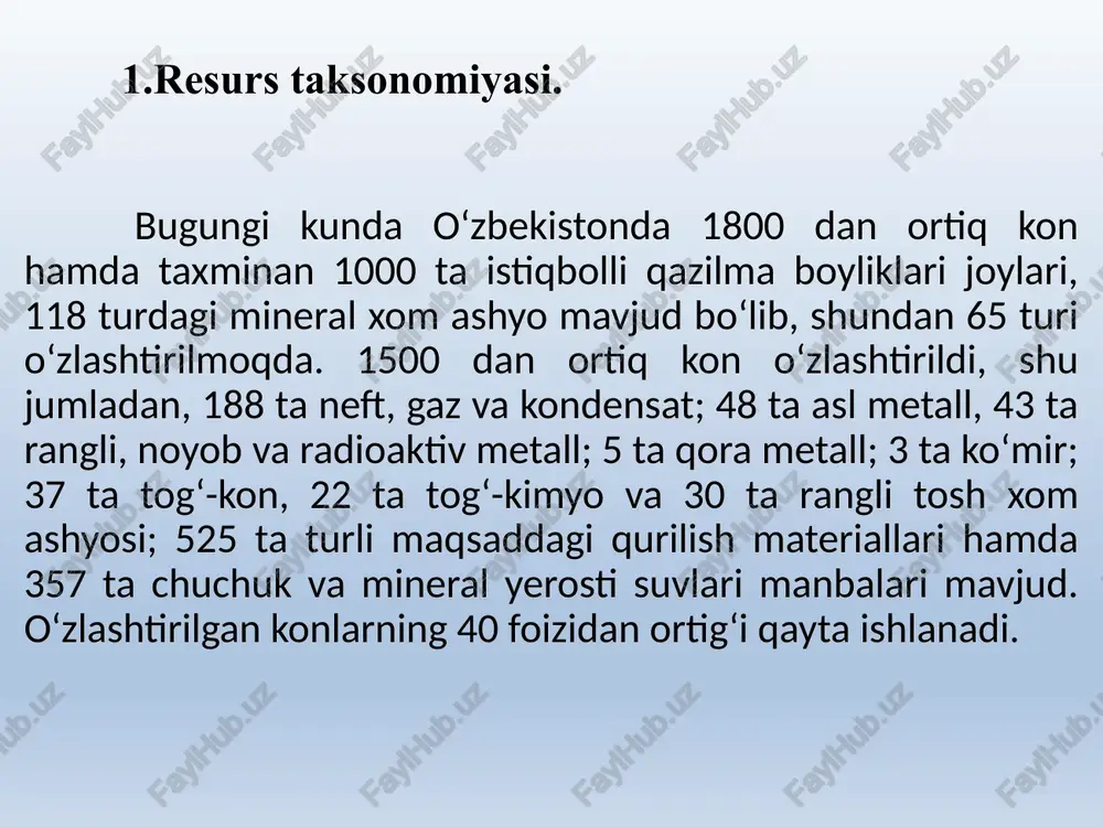 hsulotlardan sifati tabiiy materiallarnikidan ancha ustun bo‘lgan juda ko‘p yangi tur sun’iy materiallar ishlab chiqarish imkonini beradi. respublika hududida taniqli (langar, ingichka, qaytosh, yaxton, sargardon va h.k.) volfram rudasi konlaridan tashqari siritog‘ va sautbog‘ konlari ham aniqlangan. qo‘rg‘oshin va rux konlari uchta sanoat turida taqdim qilingan: karbonat jinslarida qo‘rg‘oshin-rux stratiform turi (uchquloch, ko‘lcho‘loq), vulqonli jinslarida skarn-qo‘rg‘oshin-rux (qo‘rg‘oshinkon, kumushkon), vakolchedon-polimetall (xanjizza va h.k.) turlari rudalarni qayta ishlab, 78 % litiy tuzi ajratib olish va bunga qo‘shimcha ravishda kaliy va natriy sulfatlari ishlab chiqarish hamda ishlab chiqarilgan sementni qoldiqlar bilan boyitish yo‘li orqali deyarli chiqitsiz texnologiya ishlab chiqilgan. mamlakatda o‘nlab temir ruda konlari topilgan. qoraqalpog‘iston gabbroidlaridagi tebirbuloq tit-anmagnetit koni uraldagi kachkanar koniga o‘xshash. uning zahirasi 68 mln. tonna metallga baholandi. 1-jadval navoiy viloyatida asosiy xom ashyo resurslarini qazib olish prognozlari (ming tonna) 3.bioresurs, produsent, konsument, redusent, tabiatda moddalarning biologik aylanishi. biologik resurslar o‘simlik resurslari, shuningdek, tabiatda uchraydigan madaniy va yovvoyi o‘simliklarni o‘z …