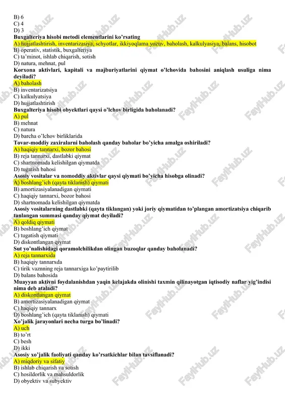 ransport vositalari, materiallar, pul mablag’lari, debitorlik qarzlar c) korxonaning moliya, bank muassasalari va boshqa shaxslardan bo’lgan qarzlari d) mehnat haqi, kelgusi davr to’lovlari, kreditorlik qarzlar, bank kreditlari korxona majburiyatlariga nimalar kiradi? a) korxonaning moliya, bank muassasalari va boshqa shaxslardan bo’lgan qarzlari b) xususiy kapital, maqsadli moliyalashtirishlar, kelgusi davr to’lovlari c) binolar, transport vositalari, materiallar, pul mablag’lari, debitorlik qarzlar d) debitorlik qarzlar, bino, kelgusi davr to’lovlari, xususiy kapital qaysi javobda korxona aktivlar to’g’ri ko’rsatilgan? a) joriy aktivlar, uzoq muddatli aktivlar b) uzoq muddatli majburiyatlar, qisqa muddatli majburiyatlar c) ustav kapitali, qo’shilgan kapital, zahira kapitali d) debitorlik qarzlar, kreditorlik qarzlar korxonaning joriy aktivlariga nimalar kiradi? a) pul mablag’lari, materiallar, tayyor mahsulot, tovarlar b) asosiy vositalar, nomoddiy aktivlar, kapital qo’yilma c) ustav kapitali, zahira kapitali, taqsimlanmagan foyda d) bank kreditlari, mehnat haqi, kreditorlik qarzlar korxonaning uzoq muddatli aktivlariga nimalar kiradi? a) asosiy vositalar, nomoddiy aktivlar, kapital qo’yilma b) ustav kapitali, zahira kapitali, taqsimlanmagan …