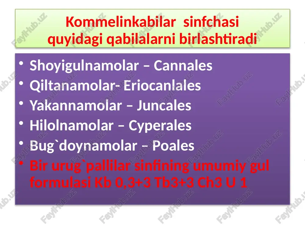 , ba'zi turlari esa qiltiqsiz. iyun-iyul oylarida mevasi pishadi. mevasi - don. doni oq yoki qizg’ish rangda, usti qipiq bilan qoplangan. bug’doyning turlari ko’p. shundan 2 turi yumshoq (t.vulgare) va qattiq (t.durum) bug’doy bizda ko’p ekiladi. bug’doy - triticum poaceae bug’doynamolar (boshoqnamolar-poales) qabilasi palmakabilar – (arecidae) sinfchasi palmadoshlar-arecaceae oilasi bir urug’pallalilar ichida faqat palmalar daraxt shakliga ega. palmalarning barglari juda yirik, patsimon. to’pgullari ancha katta, meva va urug’lari ham yirikligi bilan ajralib turadi. bu oilaga 210 turkumga mansub 3000 tur kiradi. ular tropik va subtropik hududlarda o’sadi. palmalarning bo’yi 60 m ga etadi. gullari bir jinsli, urug’idan moy olinadi. yog’ochi qurilish materiali sifatida ishlatiladi. mevasi (finik) tarkibida 70 % ga yaqin qand bor. shuning uchun to’yimli oziq - ovqat sifatida ishlatiladi. bambuk bambuk image1.jpeg image2.jpeg image3.jpeg image4.jpeg image5.jpeg image6.jpeg image7.jpeg image8.jpeg image9.jpeg image10.jpeg image11.jpeg image12.jpeg image13.jpeg image14.jpeg image15.jpeg image16.jpeg image17.jpeg image18.jpeg image19.jpeg /docprops/thumbnail.jpeg