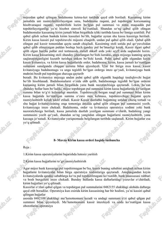 l qilishda tegishli balansdan tashqari hisobvaraq bo‘yicha rasmiylashtirilgan kirim kassa orderida, qimmatliklarni bahosidan tashqari, uni saqlash uchun qabul qilishga asos bo‘lgan hujjat va qabul qilinayotgan qimmatliklarning nomi qayd etilishi lozim. 7- mavzu: kirim kassa operatsiyalari,ularni hisobga olish va rasmiylashtirish reja: 1.tijorat banklarida kirim kassa orderini bajarish tartibi. 2.kirim kassa operatsiylari mazmuni. endi kirim kassa operatsiyalarini bajarish tartibi haqida batafsil tanishib chiqamiz. kirim kassa operatsiyalarini bajarishdagi asosiy hujjat – bu badalnoma, ya’ni pul topshirganlik haqidagi e’londir. pul topshirishdan avval mijoz tomonidan ushbu badalnoma rasmiylashtiriladi. badalnomaning o‘zi 3 qismdan iborat: i. badalnomaning o‘zi. 2. order. 1. kvitansiya. hujjatning uchala qismida ham bir xil ko‘rsatkichilar to‘ldirilishi shart. ya’ni hujjat rasmiylashtirilgan sana, mijoz korxona nomi, uning hisob-kitob ya’ni talab qilib olinadigan depozitlar hisobvaraqasi raqami, operatsiya mazmuni, ya’ni nima maqsadda pul topshirilayotganligi, pul topshirayotgan shaxsning familiyasi, ismi pul summasi to‘liq ko‘rsatilishi va imzo qo‘yish kerak. badalnomaning raqamini esa uni qabul qilayotgan mas’ul bank xodimi bankka …