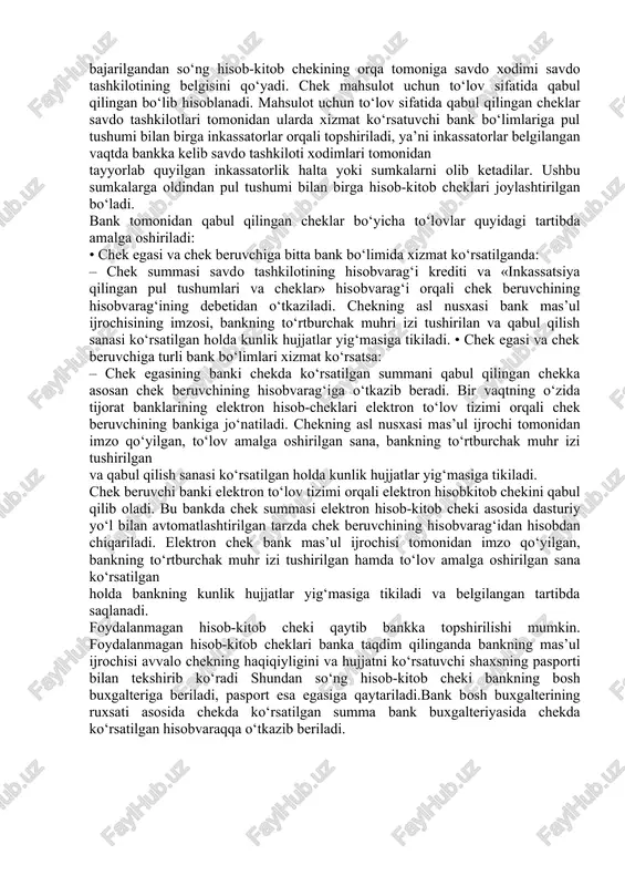 adi. operatsion kun oxirida bank kassiri banderollardagi hisob-kitobcheklarining koreshoklarida belgilangan rekvezitlar bilan, naqd pullarda qabul qilingan summani va omonatlar bo‘yicha hisobvaraqlardan hisobdan chiqarilgan summani ko‘rsatadi. shundan so‘ng chek koreshogini mas’ul ijrochiga topshiradi. hisob-kitob chekini rasmiylashtirish davrida xatoga yo‘l qo‘yilishi mumkin. agarda hisob-kitob-chekini to‘ldirishda xatoga yo‘l qo‘yilsa, unda ushbu chek varaqasi buzilgan hisoblanadi va uning o‘rniga hisob kitob chekining yangi varaqasi to‘ldiriladi. bunday hollarda hisobkitob cheki quyidagi tartibda hisobdan chiqariladi: – harfl ar bilan yozilgan «hisob-kitob» so‘zidan bir qismi qirqib olinadi; – chek varaqasining o‘rtasiga «buzilgan» degan ustxat yoziladi va ushbu yozuv yozilgan sana ko‘rsatiladi; – chek varag‘iga kassir va bosh buxgalter tomonidan imzo qo‘yiladi. tijorat banklarida qabul qilingan cheklarning hisobi qimmatbaho blanklarning harakati hisobini yuritishga doir daftarda olib boriladi va balansdan tashqari ko‘zda tutilmagan holatlar bo‘yicha 93609 «saqlanayotgan qimmatbaho buyumlar» hisobvarag‘ida hisobga olib boriladi. shu kun davomida ishlatilgan chek varaqalari chiqim orderi bo‘yicha 93609 «saqlanayotgan qimmatbaho buyumlar» hisobvarag‘idan hisobdan chiqariladi. …