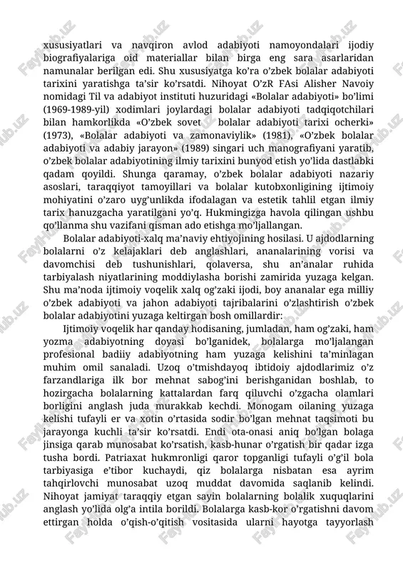dan ilk bor tartib berilib, 1967-1978-yillarda qayta takomillashtirib nashr ettirilgan «bolalar adabiyoti» xrestomatiyasi va 1957-yilda elon qilingan «bolalar adabiyoti» o’quv materiallari qo’llanmasi shu harakatning dastlabki natijalar edi. keyinchalik a.suyumov tomonidan maxsus o’rta o’quv yurtlari uchun yozilib, 1973-yilda chop etilgan «bolalar adabiyoti» qo’llanmasi o’zbek bolalar adabiyoti tarixini yaratish yo’lidagi dastlabki qadam bo’ldi. bu qo’llanma m.jumaboev bilan hamkorlikda qayta ishlanib, 1995-yilda yana nashr etildi. bu oraliqda pedagogika oliy o’quv yurtlari talabalariga mo’ljallanib p.shermuhamedov, j.tursunov, o.safarov va x.egamovlar yaratgan «o’zbek bolalar adabiyoti» darslik-xrestomatiyasi (1976) yuzaga keldi. unda bolalar adabiyotining nazariy asoslari, taraqqiyot bosqichlari, xususiyatlari va navqiron avlod adabiyoti namoyondalari ijodiy biografiyalariga oid materiallar bilan birga eng sara asarlaridan namunalar berilgan edi. shu xususiyatga ko’ra o’zbek bolalar adabiyoti tarixini yaratishga ta’sir ko’rsatdi. nihoyat o’zr fasi alisher navoiy nomidagi til va adabiyot instituti huzuridagi «bolalar adabiyoti» bo’limi (1969-1989-yil) xodimlari joylardagi bolalar adabiyoti tadqiqotchilari bilan hamkorlikda «o’zbek sovet bolalar adabiyoti tarixi ocherki» (1973), «bolalar adabiyoti va …