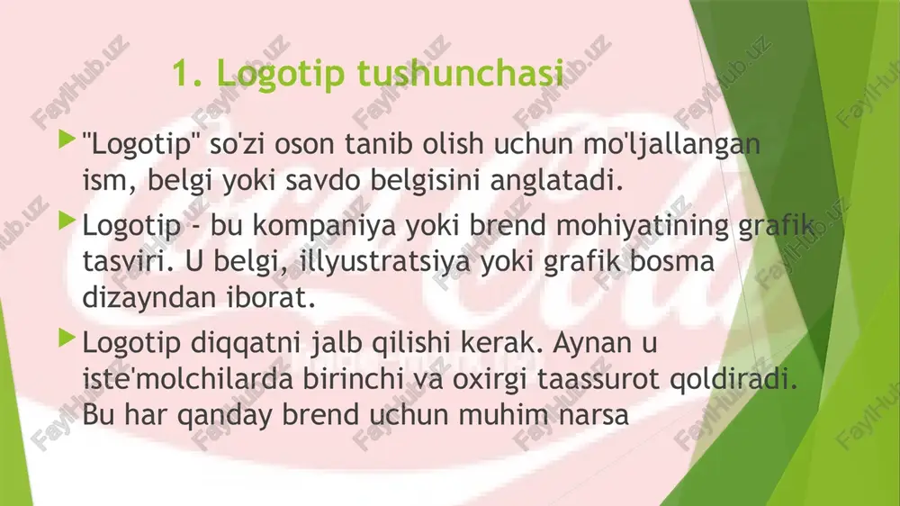 h va hatto ilhom tuyg'usini uyg'otishga yordam beradi. shriftlar. logotip dizaynidagi birinchi qadam to'g'ri shriftni tanlashdir. kompaniyangiz yoki brendingiz mohiyatini ifodalaydigan shriftni tanlang. albatta, mavjud bo'lgan shriftlar ko’pi allaqachon ishlatilganligi muammosi mavjud. shrift bosmada yaxshi korinishi juda muhimdir. shrift kelajakda foydalanmoqchi bo'lgan barcha xususiyatlarga ega ekanligiga ishonch hosil qiling. to'g'ri shriftni topgandan so'ng, keyingi bosqich rang tanlashdir. logotip uchun rang shrift kabi muhim ahamiyatga ega. shrift toifalari 1.zasechkali shriftlar 2. zasechkasiz shriftlar 3. qo'lda yozilgan 4. moshinada yozilgan 5. dekorativ rang. rang kundalik hayotdagi eng muhim daqiqalardan biridir. biz ularni har doim muloqot qilish uchun ishlatamiz. odamlar hamma narsani rang yoki hissiyot orqali idrok etadigan qilib yaratilgan. har bir rang odamning vizual qiyofasini idrok etishga ta'sir qiladi. logotipning rang sxemasi sizning maqsadli auditoriyangiz xususiyatlariga qarab ishlab chiqilishi kerak. agar juda zarur bo'lmasa, 3 dan ortiq ranglardan foydalanmang. bu nafaqat idrokka salbiy ta'sir ko'rsatishi mumkin. siz pantone colors-dan foydalanishingiz yoki cmyk …