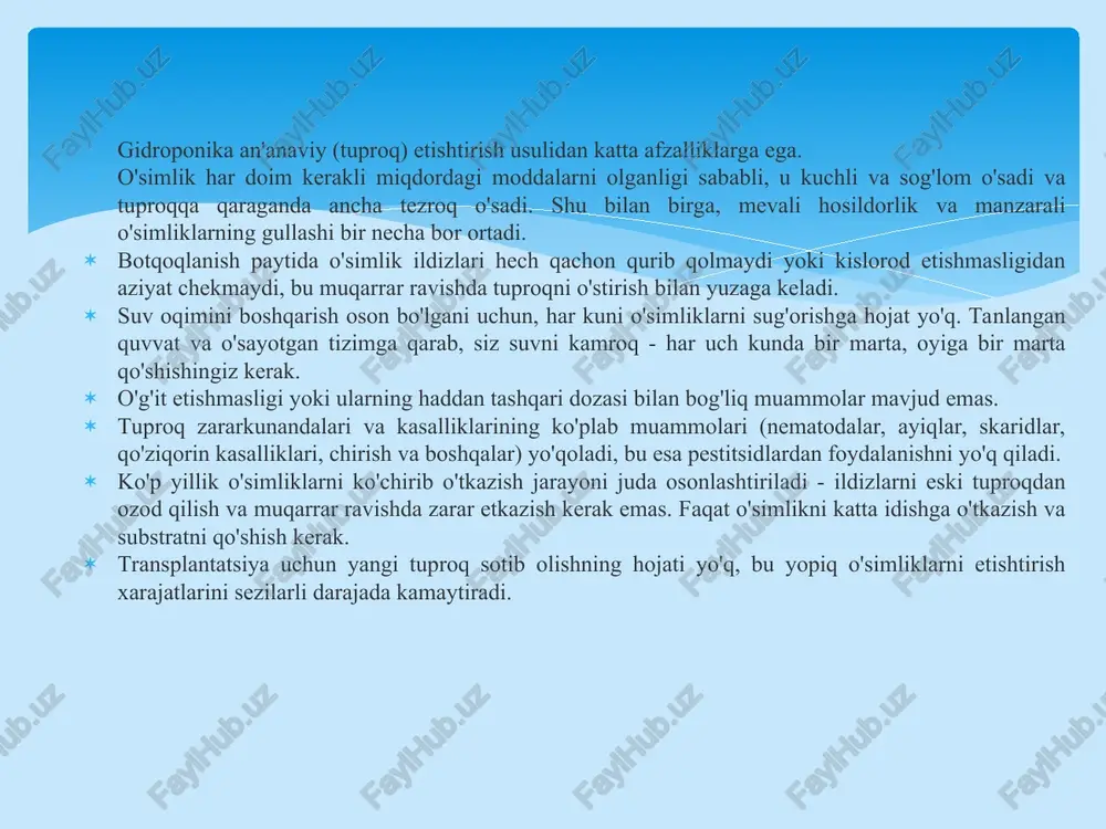 80 kg quruq massa (substrat tuproq) tol novdasi 2.25 kg 5 yildan so'ng tol novdasi 66 kg etdi. 80 kg quruq massadan bor yo'g'i 56 gr kamaydi 1804 yilda shveytsariyalik olim nikola teodor de sossyur gollandiyalik olim van gelmontga qarshi chiqib o'simlik suvda normal o'smaydi. normal o'sishi uchun esa tabiiy sharoitda kerakli mineral elementlarni tuproqdan oladi deydi. fotosintez jarayoni o'rganilgandan so'ng bu nazariyalarga chek qo'yildi va o'simlik 95% tanasini so2 va suv hisobiga qurishi aniqlandi. bu savollarga javob topish uchun birinchi navbatda o'simlik tuproqdan olgan (yutgan) moddalar tarkibini aniqlash zarurdir. shu maqsadda o'simlik quritildi va yoqildi. bunda, so2, cuv, n2 yoki nh3 va uchib ketmaydigan kul qoldi. natijada o'simlikda 50-98% suv, 45% quruq moddadan iboratligi aniqlandi. kul tarkibi o'simlik organlarida turli xil bo'ladi. masalan, o'simlik tanasida 1%, urug'ida 30%, ildiz va o't o'simliklarning tanasida 4-5%, barglarida 10-15 % dir. bu o'simlik turiga xam bog'liq. o'simliklarni rivojlanishi uchun qolgan 5 % …