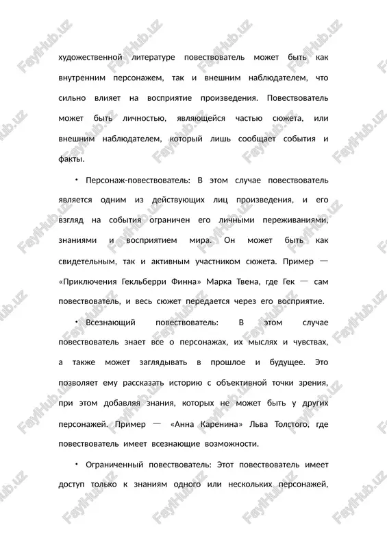 nomu. • rasskazchik kak nezavisimiy personaj: v etom sluchae rasskazchik mojet ne bit svyazan s syujetom, on prosto peredaet informatsiyu o sobitiyax, proisxodyashix s drugimi personajami. naprimer, v proizvedenii djona steynbeka «grozdya gneva» rasskazchik v osnovnom opisivaet sobitiya, ispolzuya vneshniy vzglyad, bez vstraivaniya sebya v protsess. • rasskazchik kak uchastnik syujeta: inogda rasskazchik mojet bit chastyu sobitiy, naxoditsya v samom tsentre deystviya. on mojet kommentirovat proisxodyashee ili delitsya svoimi emotsiyami. etot tip rasskazchika mi vidim, naprimer, v proizvedenii «starik i more» ernesta xemingueya, gde povestvovanie ot pervogo litsa pozvolyaet glubje ponyat perejivaniya glavnogo geroya, starika santyago. 5. razlichie mejdu avtorom, povestvovatelem i rasskazchikom vajno otmetit, chto avtor, povestvovatel i rasskazchik — eto raznie figuri, i ix roli v proizvedenii mogut znachitelno otlichatsya: • avtor — realniy chelovek, sozdavshiy proizvedenie, chasto skrivaet svoyu lichnost ili virajaet ee cherez personajey. • povestvovatel — eto litso ili golos, cherez kotorogo peredayutsya sobitiya proizvedeniya. …