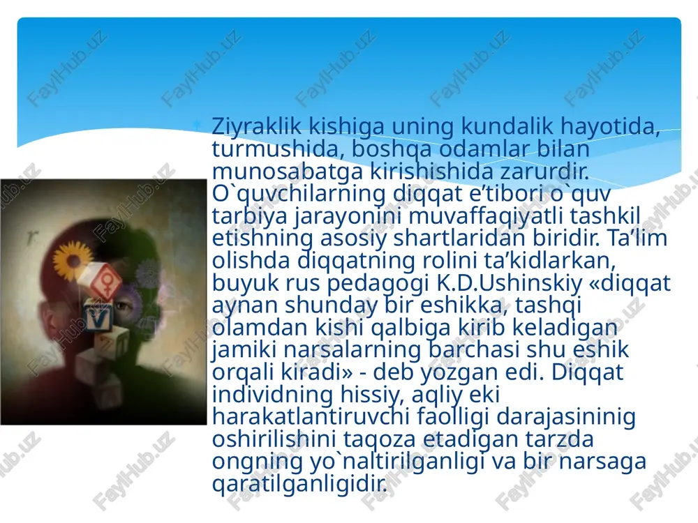 ki va undan ko'proq faoliyat turlari- ning (bir qancha harakatlarning) bir vaqtning o'zida muvaffaqiyatli bajarish imkoniyati bilan bog'liq xususiyat. diqqatning yuksak daraja- da taqsimlanishi - ko'pgina hozirgi zamon mehnat turlari muvaffaqiyatliligining muqarrar shartlaridan biridir. masalan, operatorlar, ko'plab dastgohlarda ishlovchilar, transport haydovchilari va boshqalarning ishi ana shuni talab qiladi. diqqatning ko'chishi ma'lum obyektning bir faoliyatdan ikkinchi bir faoliyatga, bir obyektdan ikkinchi bir obyektga, bir harakatdan ikkinchi bir harakatga o'tishida namoyon bo'ladi. diqqatning ko'chi- shi yo ongli ravishdagi xulq-atvorga, faoliyatning talablariga yoki o'zgarib ketayotgan shart-sharoitlarga muvofiq tarzda yangi faoliyatga kirishish zaruratiga bog'liq bo'ladi. faqat obyektlar va jarayonlar o'zgarib, faoliyat esa uzoq vaqt da- vomida o'zgarmasdan qolgan hollarda diqqatning barqarorligi doirasi- da uning ko'chishi yuz beradi. bunday ko'chish uzoq davom etadigan ish paytida charchashning oldini oladi va shu bilan diqqatning barqarorligini oshiradi. lekin bu tez-tez takrorlanavermasligi lozim, aks holda salbiy oqibatlarga olib kelishi mumkin parishonxo- tirlik diqqatni uzoq vaqt davomida jadal bir narsaga …