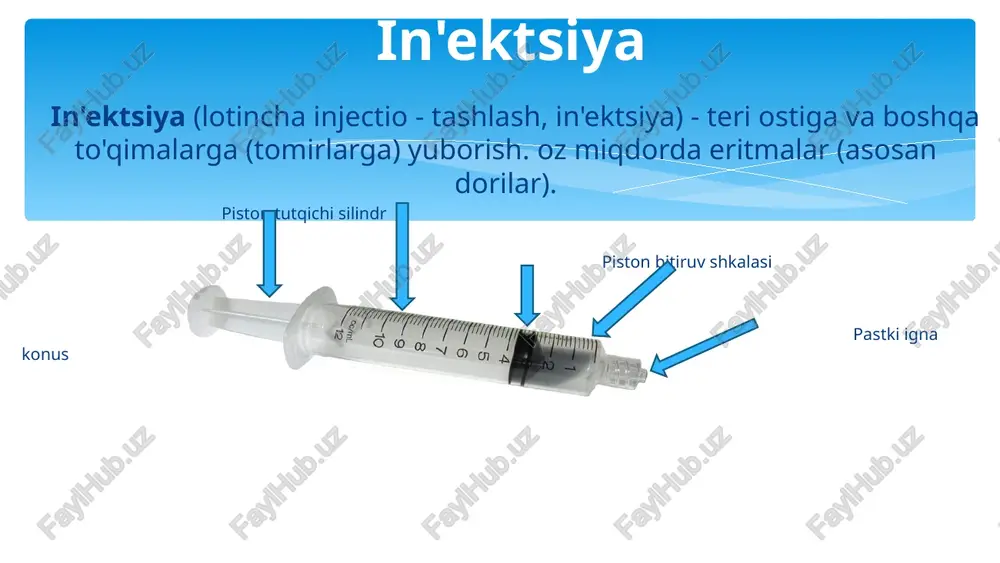 yaxshiroq so'rilishi uchun, administratsiyadan so'ng siz in'ektsiya joyini massaj qilishingiz, issiq isitish yostig'ini qo'yishingiz mumkin. mushak ichiga in'ektsiya va ularni joriy etish joylari mushak ichiga in'ektsiya qilish uchun eng mos joylar: dumba mushaklari; elka mushaklari; son mushaklari. vena ichiga yuborish vena ichiga infuziyalar (in'ektsiya) (iv)- dori periferik tomirlarga yuborilganda. ko'pincha ular bemorning ahvoli og'ir bo'lganida qo'llaniladi, ammo ular ko'pincha rejalashtirilgan davolash shaklida qo'llaniladi. inyeksiya joyi; - in'ektsiya ko'pincha tirsak sohasida, kamroq - bilak va to'piq bo'g'imlarida amalga oshiriladi. a - tomir bo'ylab in'ektsiya ignasini kiritish; b - ponksiyonning aniqligini nazorat qilish; c - turniketni olib tashlash; d - dori-darmonlarni qabul qilish enteral yuborish usuli og'zaki(og'iz orqali - per os) buning uchun dorilar tabletkalar, drajelar, kapsulalar, granulalar, kukunlar va suyuqliklar shaklida qo'llaniladi. dori-darmonlarni buyurishda shifokor (yoki hamshira) quyidagi qo'llash qoidalarini tushuntirishi kerak: - kuniga necha marta, ba'zan qabul qilish vaqtini belgilang (ba'zi dorilar faqat ertalab yoki kechqurun olinadi); - ovqatlanish bilan …
