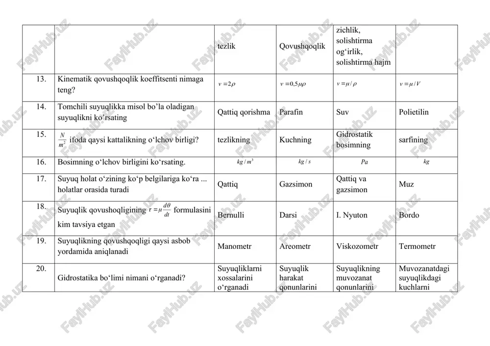 g markazidan pastda qo‘yilgan bosimga yuzaning egrilik markaziga qo‘yilgan bosimga qo‘yilgan bosimning proyeksiyasiga gidrostatik bosim kuchining teng tasir etuvchisi qo‘yilgan nuqtasiga 28. qachon bosim markazi bilan shakl og‘irlik markazi ustma-ust tushadi? shakl botik bo‘lsa tekis shakl vertikal bo‘lsa shakl qavariq bo‘lsa tekis shakl gorizontal holatda bo‘lsa 29. tutash idishlar qonuni formulasini keltiring. 30. qaysi ma’lumot paskal qonunini ifodalaydi? shakl og‘irlik markazidagi bosim shakl hajmiing yuzasiga ko‘paytmasiga teng suyuqlikda jismga siqivchi kuch jism siqib chikargan suyuqlik og‘irligiga teng gidrostatik bosim u ta’sir qilayotgan yuzaga normal bo‘yicha yo‘nalgan bo‘ladi suyuqlikka tashqaridan berilgan bosim suyuqlikning hamma nuqtalariga bir xil miqdorda o‘zgarishsiz uzatiladi 31. arximed kuchi nimaga teng? 32. gidrodinamika bo‘limi nimani o‘rganadi? suyuqlik harakat qonunlarini o‘rganib, texnikaga tadbiq etishni o‘rganadi suyuqlikning muvozanat qonunlarini o‘rganadi suyuqliklarni xossalarini o‘rganadi muvozanatdagi suyuqlikka tasir etuvchi kuchlarni o‘rgatadi 33. qachon nuqtadagi tezlik taqsimoti o‘zgarmas bo‘ladi? suyuqlikni real deb qarasak *suyuqlikni ideal qarasak suyuqlik kanallarda oqqanda suyuqlik quvurlarda oqqanda …