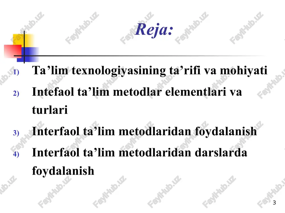 qituvchi tomonidan o’qitish jarayonining va muhitining yuqori darajada nazorat qilinishi; · vaqtdan unumli foydalanish; · aniq ilmiy bilimlarga asoslanishi; · oz vaqt mobaynida ko’p ma’lumotlar berish imkoniyati. afzalliklar: * · ta’lim oluvchilarning passiv ishtirokchi bo’lib qolishi; · eslab qolish darajasi turlicha bo’lganligi sababli, o’zlashtirish darajasi turlicha bo’lganligi sababli, o’zlashtirish darajasi pasayib ketishi; · mustaqil o’rganish va yechimlar qabul qilish uchun sharoitlar yaratilmasligi. kamchiliklari * · “qaytar aloqa” ning ta'minlanishi; · motivatsiyaning yuqori darajada bo'lishi; · o'tilgan materialning yaxshi esda saqlab qolinishi; · ko'nikmasining shakllanishi; · mustaqil fikrlash qobiliyatining oshishi. afzalliklari: * · ko'p vaqt talab etilishi; · ta'lim oluvchilarni nazorat qilish imkoniyatining pastligi; · ob'ektiv baholashda qiyinchiliklarga duch kelinishi; · o'qituvchining o'zidan ham rivojlangan fikrlash qobiliyatiga va muammolar echish ko'nikmasiga ega bo'lishining talab etilishi. kamchiliklari: * ta’lim beruvchi va ta’lim oluvchining muayyan maqsadga qaratilgan birgalikdagi faoliyatini tashkil qilishning tartibga solingan yo’llar yig’indisi. ta’lim metodlari * interfaol metodlar interfaol metodlar – …
