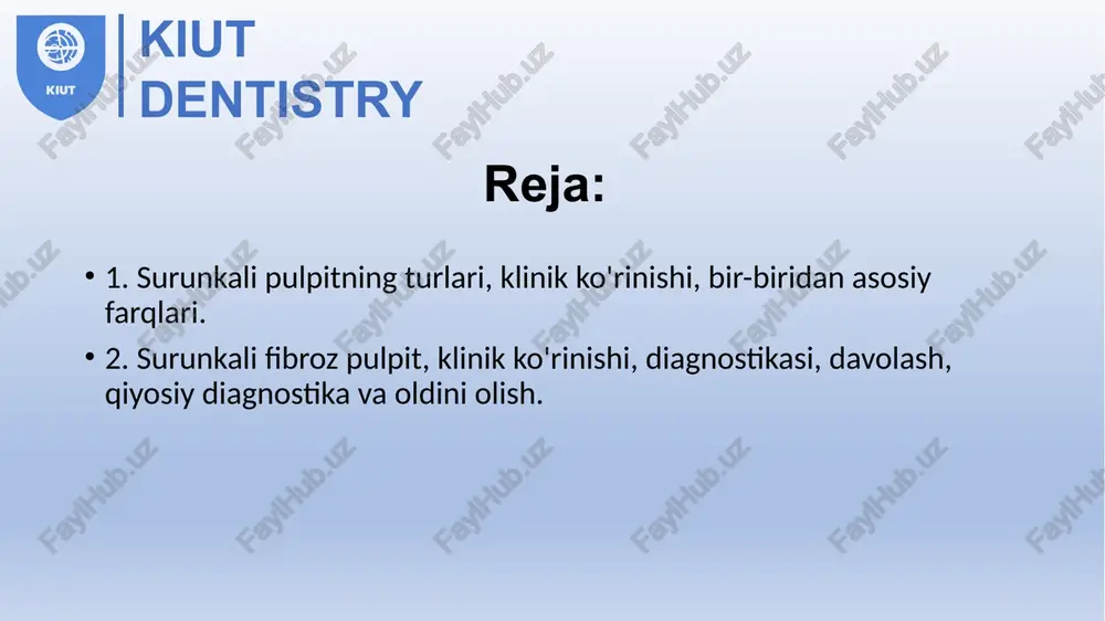 tkir og’riq bo’lmagan og’riq xarakteri og'riq paydo bo'ladi faqat ta’sirlantiruvchi xususiyati beruvchi moddalardan, kechasi yo’q ta’sirlantiruvchi olib tashlangandan so’ng og'riq uzoq vaqt davomida yo'qolmaydi o'tkir, qisqa muddatga; dan kelib chiqadi ta’sirlantiruvchi moddalardan og'riq qisqa muddatli, ogohlantiruvchi olib tashlangandan so'ng darhol to'xtaydi o'tkir, o’z o’zidan paydo bo’luvchi; ta’siralntiruvchilardan va tungi vaqtda og’riq kuchayadi. bu kun davomida sodir bo'ladi bir nechta qisqa muddatli hurujli og’riqlar kuzatiladi. uzoq muddatli remissiyalar rentgen ma’lumotlari periodontda yorig’ida kengayish kuzatilishi mumkin periodontda o’zgarish yo’q periodontda o’zgarish yo’q image1.png image2.png image3.jpeg /docprops/thumbnail.jpeg