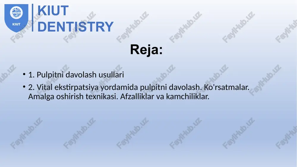 usullarini amalga oshirishda; pulpa ekstirpatsiyasi paytida. bolalarda vaqtinchalik va doimiy tishlarning pulpitini davolashda xatolar va asoratlar 3. tibbiy muolajalarni bajarishda yuzaga keladigan asoratlar: karioz bo'shliq devorlarining teshilishi va tish bo'shlig'ining pastki qismi, devorlari ildiz; ildiz kanallarida asboblarning sinishi; baxtsiz hodisalar (asboblarning nafas olish va ovqat hazm qilish tizimiga kirishi). bolalarda vaqtinchalik va doimiy tishlarning pulpitini davolashda xatolar va asoratlar 4. pulpitni davolashdan keyin yuzaga keladigan asoratlar: ildiz kanalini to'ldirishdan keyin og'riq (o'tkir periodontitning rivojlanishi); plomba moddasining mandibulyar kanalga kirib borishi, maksiller sinus; surunkali periodontitning rivojlanishi; to'ldirish yo'qotilishi. image1.png image2.jpeg image3.jpeg image4.jpeg image5.jpeg image6.jpeg image7.jpeg image8.jpeg image9.jpeg image10.jpeg image11.jpeg image12.jpeg image13.jpeg /docprops/thumbnail.jpeg