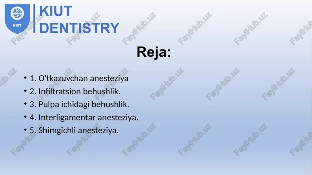 lash; tish blyashka olib tashlash; pulpa behushligi (karies, pulpit); og'riqli og'iz shilliq qavatini davolash (yara, eroziya); gingvotomiya. anesteziklarning dozalash shakllari suyuq eritmalar, malhamlar, jellar yoki vazokonstriktorlarsiz yuqori konsentratsiyalarda mahalliy anesteziklarni o'z ichiga olgan aerozollar shaklida qo'llaniladi. pediatrik amaliyotda yoqimli ta'mga ega, tez ta'sir qiluvchi pastalar va paxta sumkasi bilan qo'llaniladigan jellardan foydalanish afzalroqdir. eritmalar shaklida ishlab chiqarilgan anestezikaning ta'siri 30 soniyadan keyin boshlanadi, malham yoki jelning ta'siri kamida 2 minutni talab qiladi. agar shpritsli anesteziyaga tayyorgarlik ko'rish uchun sirt anesteziyasi qo'llanilsa, u to'liq ta'sir qilguncha kutish kerak. yuzaki behushlikning davomiyligi, garchi qisqa bo'lsa ham, u mo'ljallangan aralashuvlar uchun etarli. inyeksiyadan oldin shilliq pardalarning sirt anesteziyasi uchun "diplen lh" kabi o'z-o'zidan yopishqoq plyonkalar qulaydir, chunki ular analjezik va antibakterial ta'sirga ega. "diplen" kino qoplamasi tizimli ravishda ikkita birlashtirilgan qatlamdan iborat - hidrofil va hidrofobik. film sorbsiya qobiliyatiga, himoya xususiyatlariga (mikroflorani o'tkazmaydigan) va bug 'o'tkazuvchanligiga ega. "diplen lh" mahsulotining tarkibi og'iz bo'shlig'i …
