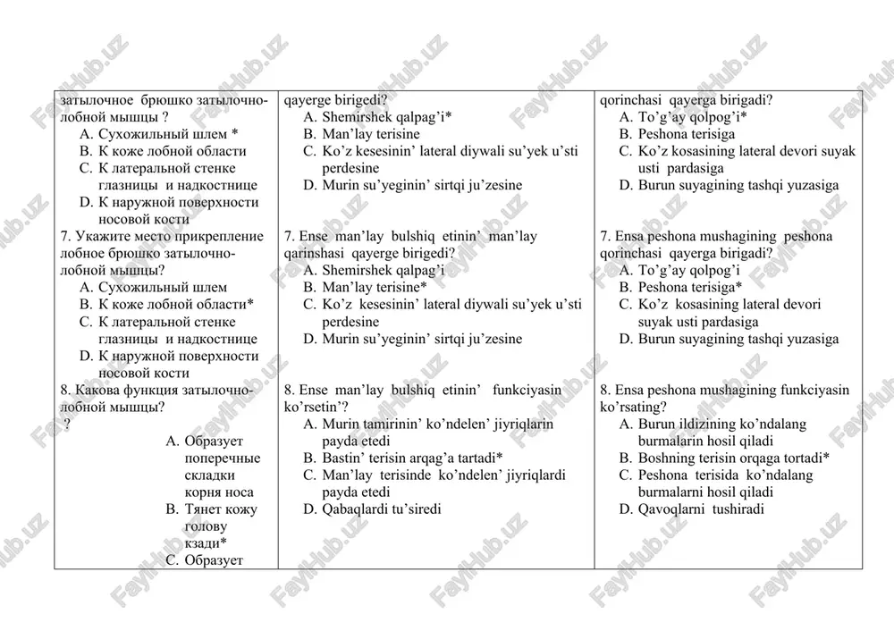 ur supercilii b. m.orbicularis oris,m.depressor anguli oris, m.depressor labii inferioris* c. m.occipitofrontalis,m.temporoparietalis,m.procerus d. m.nasalis,m.depressor septi nasi 20.kakova latinskoe nazvanie krugovaya mishtsa glaza ? a. m.procerus b. m.occipitofrontalis c. m.orbicularis oculi* d. m.temporoparietalis 21. otkuda nachinaetsya vekovaya chast krugovoy mishtsi glaza a. s sleznogo grebnya sleznoy kosti v. s medialnogo otdela nadvekovoy dugi s. s medialnoy svyazki veka* d. s lobnogog otrostka kosti verxney chelyusti 22. ukajite mesto prikreplenie vekovaya chast krugovoy mishtsi glaza a k vekovoy otdelu krugovoy mishtsi glaza v.v nadkostnitsu lateralnoy stenki glaznitsi* s.koju lobnoy oblasti d.k koju krilya nosa 23. otkuda nachinaetsya glaznichnaya chast krugovoy mishtsi glaza ? a. sleznogo grebnya sleznoy kosti b. s medialnogo otdela nadvekovoy dugi c. s medialnoy svyazki veka d. s lobnogo otrostka verxneychelyustnoy kosti * 24. ukajite mesto prikreplenie glaznichnaya chast krugovoy mishtsi glaza ? a. k vekovoy otdelu krugovoy mishtsi glaza b. v nadkostnitsu lateralnoy stenki glaznitsi * c. koju …