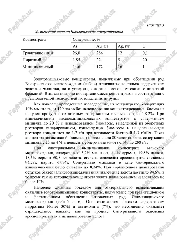 -92%, v to vremya, kak bez bakterialnogo vskritiya ono ne previshaet 11-12%. visokaya effektivnost primeneniya bakterialnogo vishelachivaniya dlya vskritiya tonkovkraplennogo zolota pokazana pri pererabotke osobo upornix kontsentratov bakirchikskogo i nejdaninskogo mestorojdeniy. upornost etix kontsentratov ob'yasnyaetsya visokim soderjaniem v nix mishyaka v vide arsenopirita, chrezvichayno tonkoy vkraplennostyu zolota, v osnovnom, v arsenopirite i bolshim soderjaniem uglistix slantsev. tablitsa 3 ximicheskiy sostav bakirchikskix kontsentratov kontsentrati soderjanie, % as au, g/t ag, g/t s gravitatsionniy 26,0 286 12 0,1 piritniy 1,85 22 5 20 mishyakovistiy 14,6 172 16 1 zolotomishyakovie kontsentrati, videlyaemie pri obogashenii rud bakirchikskogo mestorojdeniya (tabl.4) otlichayutsya ne tolko soderjaniem zolota i mishyaka, no i ugleroda, kotoriy v osnovnom svyazan s piritnoy fraktsiey. vishelachivaniyu podvergali smesi kontsentratov v sootvetstvii s predpolagaemoy texnologiey ix videleniya iz rudi: kak pokazali provedennie issledovaniya, iz kontsentratov, soderjashix 10% mishyaka, za 120 chasov bez ispolzovaniya kontsentrirovannoy biomassi poluchen produkt s ostatochnim soderjaniem mishyaka okolo 1,8-2%. pri …