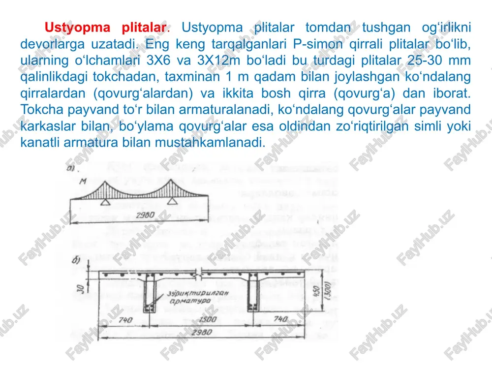 abli to‘sinlar ham qo‘llaniladi. bunday to‘sinlarning o‘rta qismida ularni engillashtirish maqsadida katta sakkiz yoqli teshiklar qilinadi. bu teshiklardan har birining yuzi 0,5-1 kv.m. bo‘ladi. shuning uchun ham ularni panjarasimon to‘sin deyiladi. qo‘shtavr kesimli stropil to‘sinlari panjarali to‘sinlardan ancha tejamlidir, ularda po‘lat va beton sarfi taxminan 15 % kam. 2. fermalar, arka va vant konstruksiyalari. temir-beton fermalar asosan 18 va 24 m oraliqli binolarni yopishda qo‘llaniladi. umuman, fermalar belbog‘larning shakli va panjarasining boryo‘qligiga qarab quyidagi turlarga bo‘linadiyu yuqori belbog‘i siniq shaklli, segment panjarali, parallel belbog‘li panjarali, xovonsiz segmentli, xovonsiz parallel belbog‘li va boshqa turlari bo‘lishi mumkin. temir-beton fermalarda po‘lat sarfi po‘lat fermalardan deyarli ikki barobar kam; shuning uchun oraliq 30m dan kam bo‘lganda faqat temir- beton fermalarni qo‘llash lozim. oraliq undan katta bo‘lganda po‘lat fermalarni qo‘llagan ma’qul. chunki ularning massasi, tayyorlashdagi mehnat sarfi kam qiymatga ega temir-beton fermalardan ancha arzon. biroq qurilnshda oralig‘i 60 m va undan ortiq bo‘lgan hollarda, oldindan …