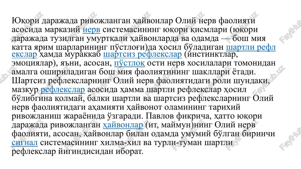 arlardagi izlari hayvonga voqelik haqida signal beradi. tevarak-atrofdagi tashqi tabiat umuman tabiat, shuningdek ijtimoiy tabiatimizdan taassurot, sezgi va tasavvurlar shaklida oladiganimiz shuning o'zginasidir (eshitadigan va ko'radigan so'zimiz bundan mustasno). bu voqelikning birinchi signal tizimi bo'lib, biz bilan hayvonlarda umumiydir». odamning iltimoiy taraqqiyot jarayonida, mehnat faoliyati natijasida miyaning ishlash mexanizmlariga favqulodda qo'shimcha qo'shilgan. nutq signallari, nutq bilan bog'langan ikkinchi signal tizimi shunday qo'shimchadir. signal berishning yuksak darajadagi ushbu mukammal tizimi eshittirib yoki eshittirmasdan aytiladigan, eshitiladigan yoki o'qiganda ko'riladigan so'zlarni idrok etishdan iborat. ikkinchi signal tizimining taraqqiy etishi odamning oliy asab faoliyatini misli ko'rilmagan darajada kengaytirib va sifat jihatidan o'zgartirib yubordi. nutq signallarining kelib chiqishi katta yarim sharlar faoliyatiga yangi prinsip kiritdi. «tevarak-atrofdagi olamga doir sezgi va tasavvurlarimiz, — degan edi i. p. pavlov,— biz uchun voqelikning birinchi signallari, konkret signallar bo'lsa, nutq, avvalo nutq a'zolaridan miya po'stlog'iga boruvchi kinestetik ta'sirotlar ikkinchi signallardir, signallarning signalidir. odam oliy asab faoliyatini tipologik xususiyatlari inson …
