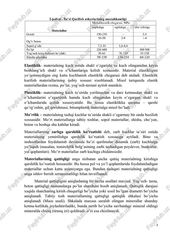 lamlari). mo’rt materiallar zarb kuchiga chidamsizdir. materiallarning qattiqligi unga nisbatan ancha qattiq materialning kirishiga qarshilik ko’rsatish hossasidir. bu hossa pol va yo’l qoplamlarida foydalaniladigan materiallar uchun katta axamiyatga ega. bundan tashqari materialning qattiqligi unga ishlov berish sermexnatliligi bilan tavsiflanadi. material qattiqligini aniqlashning bir necha usullari mavjud. yog’och- taxta, beton qattiqligi namunalarga po’lat sharchani bosib aniqlanadi. qattiqlik darajasi xaqida sharchaning kirish chuqurligi bo’yicha yoki xosil bo’lgan diametri bo’yicha aniqlanadi. tabiiy tosh materiallarning qattiqligi qattiqlik shkalasi bo’yicha aniqlanadi (maos usuli). shkalada maxsus saralab olingan minerallar shunday ketma-ketlikda joylashtiriladiki, bunda tartib bo’yicha navbatdagi mineral oldingi mineralda chiziq (tirnoq izi) qoldiradi, o’zi esa chizilmaydi. materialning yedirilishi (iznos) – yediruvchi kuchlar ta’siri ostida uning hajmi va massasining o’zgarish xossasidir. pol, zina, yo’lak va yo’l uchun materiallarni qo’llash materiallrning yediriluvchanligiga qarab belgilanadi. materiallarning yediruvchanligi tajribada maxsus mashinalar – yedirish charx toshlarida aniqlanadi. eyilish deb, yedirilish va zarb birgalikda ta’sir qilganda materialning buzilishiga aytiladi. materialga bunday ta’sir …