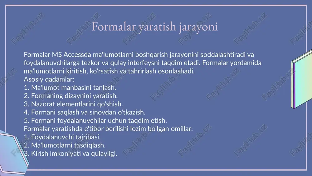 feyslar va funksiyalar tavsiyalar va muhim omillar ma'lumotlarni ko'rsatish usullari ma'lumotlarni ko'rsatish usullari muhim ahamiyatga ega, chunki ular ma'lumotlarni tushunarli va aniq shaklda taqdim etish imkonini beradi. ushbu usullar quyidagilarni o'z ichiga oladi: 1. grafiklar - diagrammalar orqali ma'lumotlarni ko'rsatish; 2. jadval - raqamli ma'lumotlarni tartibga solish; 3. diagrammalar - ma'lumotlar o'rtasidagi munosabatlarni ko'rsatish. ms access dasturida ushbu usullarni qo'llash mumkin. ma'lumotlarni ko'rsatish usullarining afzalliklari: 1. asosiy tendensiyalarni ko'rsatish; 2. ma'lumotni tezda tahlil qilish imkoniyati; 3. foydalanuvchilar uchun intuitiv bo'lishi. kamchiliklari esa: 1. noaniqliklar - ma'lumotlar noto'g'ri talqin qilinishi mumkin; 2. ma'lumotlarni ko'rsatishda qiyinchiliklar - ba'zi usullar murakkab bo'lishi mumkin. ma'lumotlarni boshqarish tizimlari ma'lumotlarni to'plash, saqlash va tahlil qilish imkonini beradi, bu esa qaror qabul qilish jarayonini tezlashtiradi va aniqligini oshiradi. ma'lumotlarni kiritish va taqdim etish uchun ma'lumotlarni boshqarish tizimlari biznes jarayonlarini optimallashtirish va samaradorligini oshirishda muhim rol o'ynaydi. ular tashkilotlarga ko'plab dasturlar mavjud. misol uchun, ms access ma'lumotlarni boshqarish …