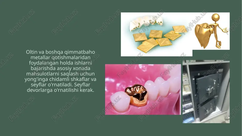 malga oshirish uchun . bunday kombinatsiya ushbu binolarni zamonaviy asbob-uskunalar va jihozlar bilan ta'minlash imkonini beradi va mehnat unumdorligini oshirishga yordam beradi. stomatologiya laboratoriyasining maxsus binolarining nomi ularning funktsional maqsadi va jihozlari bilan belgilanadi. gips xonasi gipslash xonasida maketlar quyiladi, kyuvetkalarga, okklyuzivlarga va artikulyarlarga gipslanadi , tayyor plastik protezlar polimerlashdan keyin gipsdan chiqariladi va lehimlanadigan metall qismlar gipslanadi. uskunalar gips zavodi, kichik hajmdagi gipsni saqlash uchun bunker, gipsli dispenser, an'anaviy pressli stol va kyuvetkalardan gipsni siqib chiqarish uchun pressdan iborat bo'lib, qutilarida kyuvetalar va byugelslar , okklyuzivlar va articulatorlar saqlanadi . gipsli o'rnatishda gipsli chiqindilarni yig'ish uchun idishlar mavjud, suv musluklari o'rnatiladi va gipsli idishni majburiy o'rnatish bilan kanalizatsiyaga chiqadi . gips modellarini kesish uchun sizga motor ham kerak. polimerizatsiya xonasi. bu xona plastmassalarni tayyorlash, ularni qoliplash, presslash va polimerizatsiya qilish uchun mo'ljallangan. xonaning jihozlari o'rnatilgan stollardan iborat mum tutqichli kolbalardan mumni hazm qilish apparati ; bosim ostida plastmassani qoliplash …