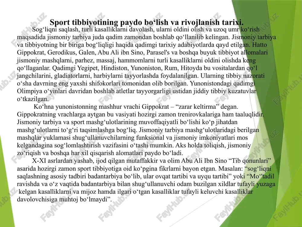niy tarbiya va sportni tibbiy ta'minlash maxsus tibbiy-jismoniy tarbiya xizmatlari (kabinetlar, dispanserlar) va sog‘liqni saqlash organlarining davolash-profilaktik muassasalari orqali territorial prinsipda amalga oshiriladi. sport tibbiyoti aholini davolash-profilaktik xizmatining asosiy qismi bo‘libgina qolmay, insonning jismoniy tarbiya tizimidagi ajralmas bo‘lagidir. sport tibbiyotining maqsadi - jismoniy tarbiya va sportni har tomonlama rivojlanishi uchun insonning barkamol rivojlanishi, sog‘lig‘ini saqlash va uni mustahkamlash, vatan himoyasida va mehnatda yuqori jisoniy tayyorgarligini ta'minlashdir. “sport tibbiyoti” termini mamlakatimizda yaqindan ishlatilmoqda. 1980 yilgacha “vrachlik nazorati” termini qo‘llanib kelingan. so‘nggi yillarda sport tibbiyotining bir qancha sohasida talaygina muvaffaqiyatlarga erishildi, shu sababli to‘xtovsiz rivojlanishi va vazifalarining kengayib borishi bu fan nomini o‘zgarishiga olib keldi. sport trenirovkasini uyushtirish va o‘tkazishda sport tibbiyotining faol qatnashishi uchun asosiy belgisi hisoblanadi. sportchilarning sog‘ligi va funksional holatini kuzatish va aniqlashda yangi eksperimental tekshirish metodlar joriy qilindi. sportchilarni jismoniy qobilyatini va chiniqqanligini aniqlashda yangi funksional sinovlar ko‘lami boyitildi. jismoniy tarbiya va sport bilan shug‘ullanish kishida har tomonlama …