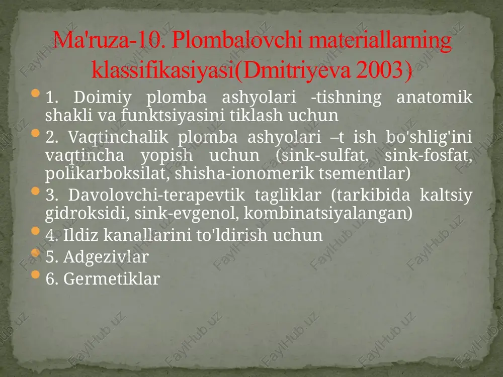astik bo' lib, borsiz osonlik bilan olib tashlanadi. bu ashyolar kompozit ashyolar tarkibiga ta'sir ko'rsatmaydi. vaqtinchalik plomba ashyolari bir necha kundan bir necha oygacha (6 oygacha) mo'ljallangan. ko'pincha uzoq muddat uchun rux-evgenol, rux-fosfat, polikarboksilat yoki shishaionomer sementlardan foydalaniladi. xorijiy davlatlarda - vaqtinchalik qoplamalar (aluminiy, qalay, plastmassa)dan foydalaniladi. nur bilan qotuvchi plomba ashyolari ko'pchilik zamonaviy plomba ashyolari pulpaga nisbatan salbiy ta'sirga ega bo'lganligi sababli, ularni qo'llash vaqtida ajratuvchi tagliklarga (chiziqli) zarurat tug'ildi. masalan: silikofosfatli va silikatli sementlar qoldiq kislota tufayli, amalgamator yuqori issiqliq o'tkazuvchanligi tufayli, kompozit ashyolar toksikbo'lgan akrilatlar tufayli pulpaga salbiy ta'sirko'rsatadi. shuningdek ular ikki o'zaro nomutanosib muhitli ashyolarni (kanal uchun evgenol tutuvchi pasta va kompozit plomba ashyosi) biri-biridan ajratish uchun ham ishlatiladi. ajratuvchi tagliklar bunday maqsadlarda ishlatiluvchi ashyolar quyidagi xususiyatlarga egabo'lishlari shart: 1. uzoq muddatga dentin va pulpa himoyasini ta'minlashi,charxlashdan keyingi sezuvchanlikni kamaytirishi; 2. chaynash vaqtida tushadigan bosimga chidamli bo'lishi; 3. doimiy plombaning fiksatsiyasini kuchaytirishi; 4. bo'shliqqa oson kiritilishi, …